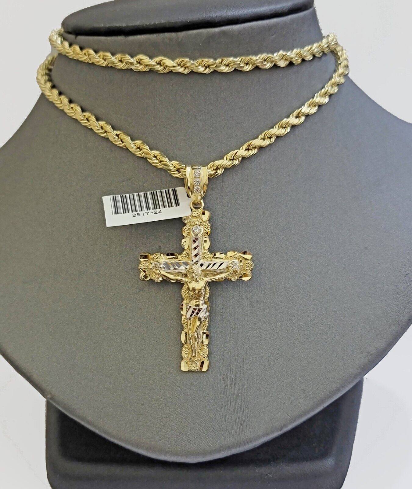 Real 10k Gold Rope Chain Jesus Cross Charm SET 4mm 20'' Necklace & Pendant Men's - GoldenlinQ