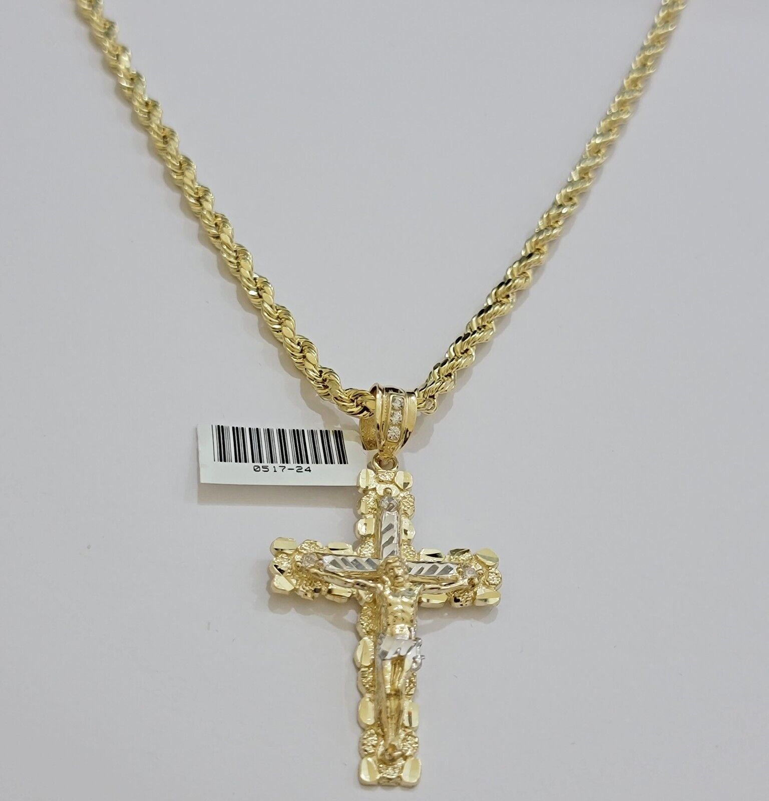 Real 10k Gold Rope Chain Jesus Cross Charm SET 4mm 20'' Necklace & Pendant Men's - GoldenlinQ