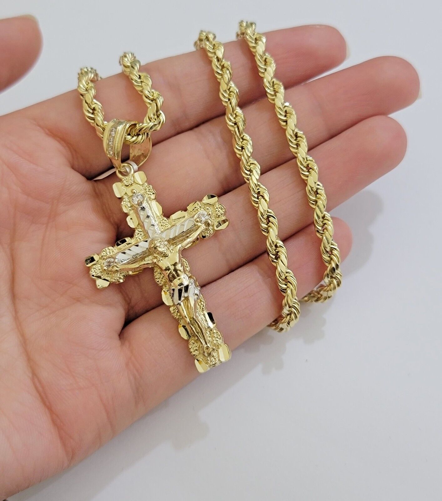 Real 10k Gold Rope Chain Jesus Cross Charm SET 4mm 20'' Necklace & Pendant Men's - GoldenlinQ