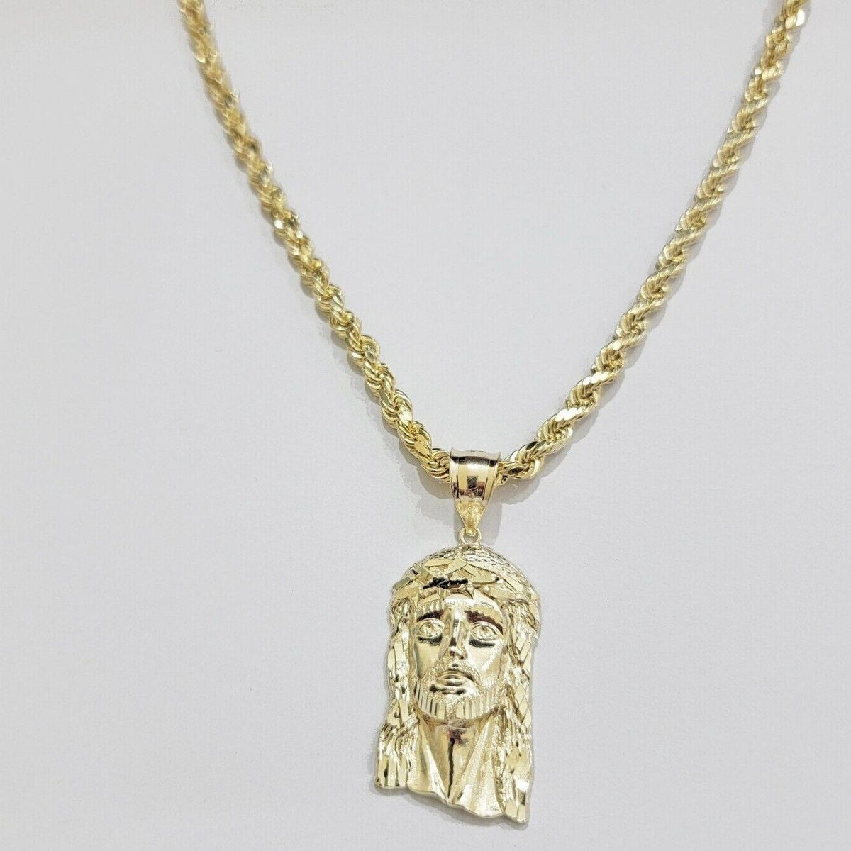 Real 10k Gold Rope Chain & Jesus Face Charm Pendant SET 5mm 18-28 inch ...