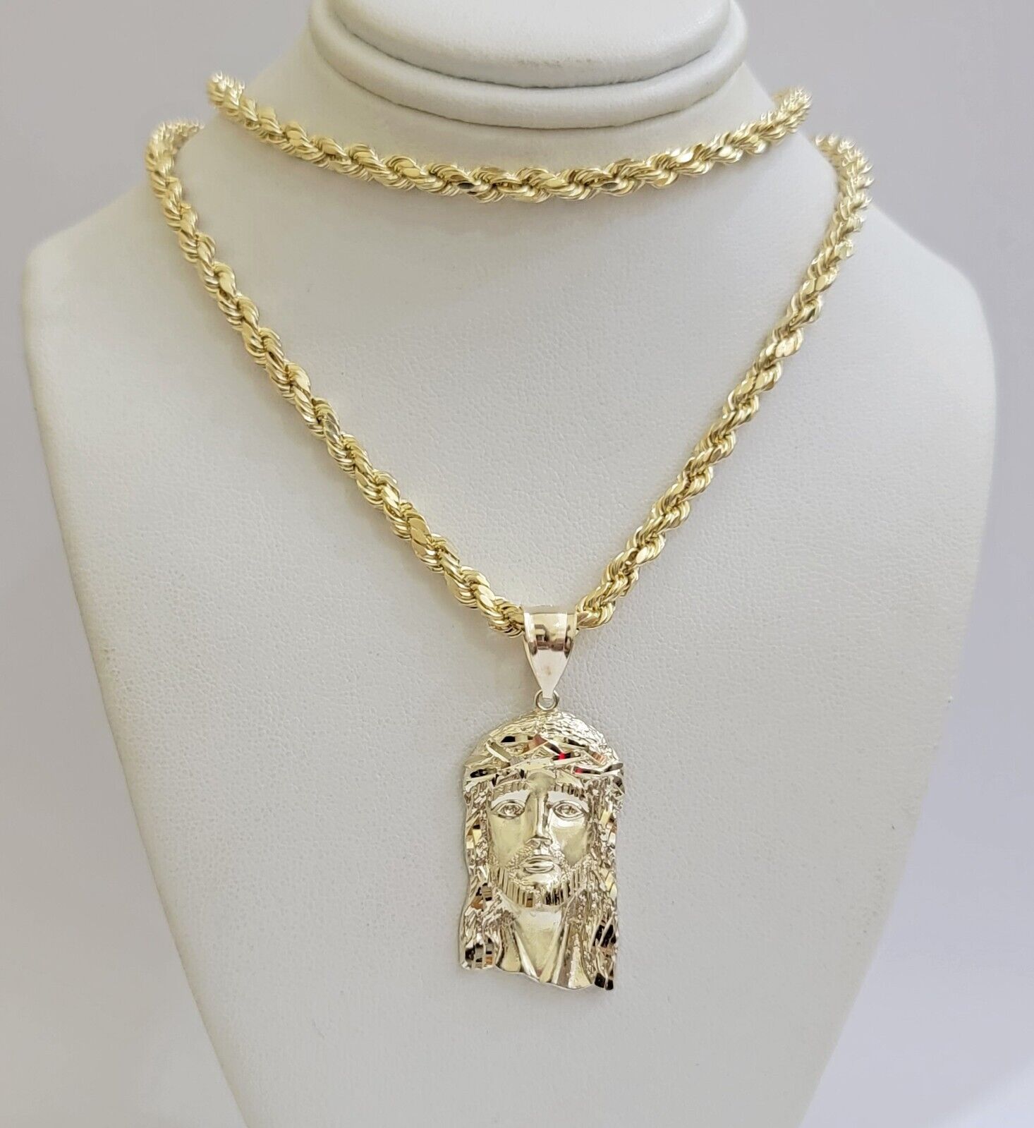 Real 10k Gold Rope Chain & Jesus Face Charm Pendant SET 5mm 18 - 28 inch Necklace - GoldenlinQ