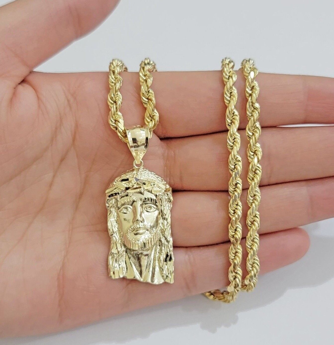 Real 10k Gold Rope Chain & Jesus Face Charm Pendant SET 5mm 18 - 28 inch Necklace - GoldenlinQ