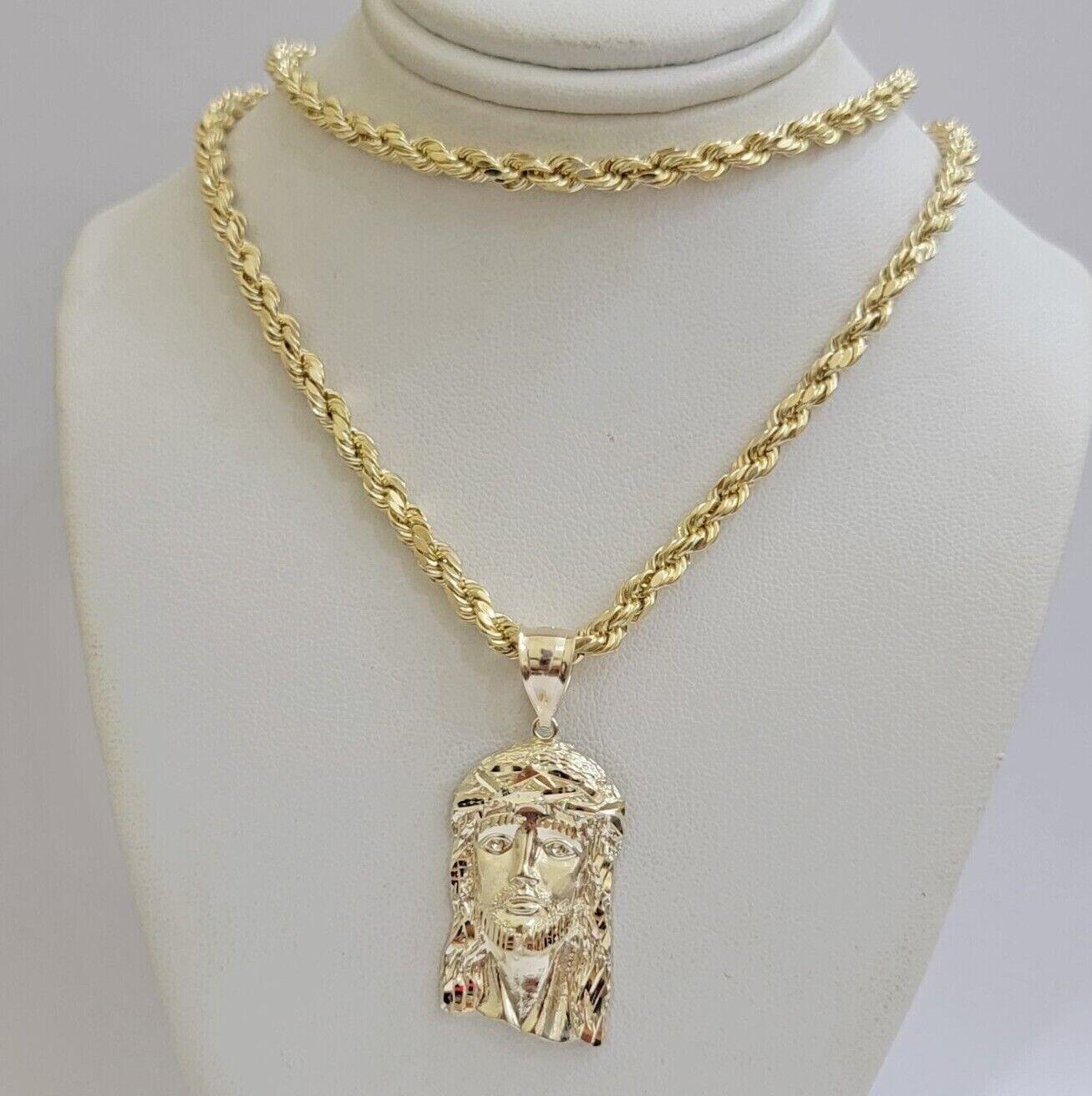 Real 10k Gold Rope Chain & Jesus Face Charm Pendant SET 5mm 18 - 28 inch Necklace - GoldenlinQ