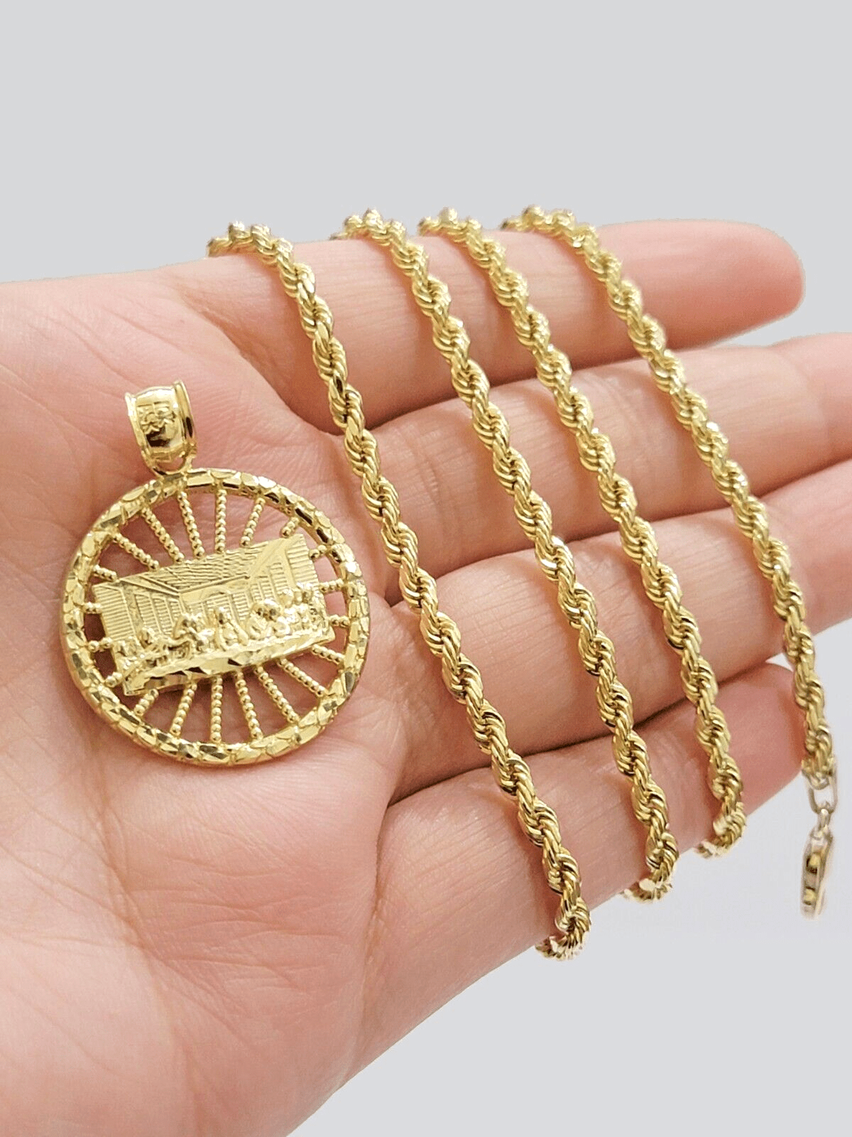 Real 10k Gold Rope Chain Last Supper Pendant Set, 24 Inch 3mm necklace & Charm - GoldenlinQ