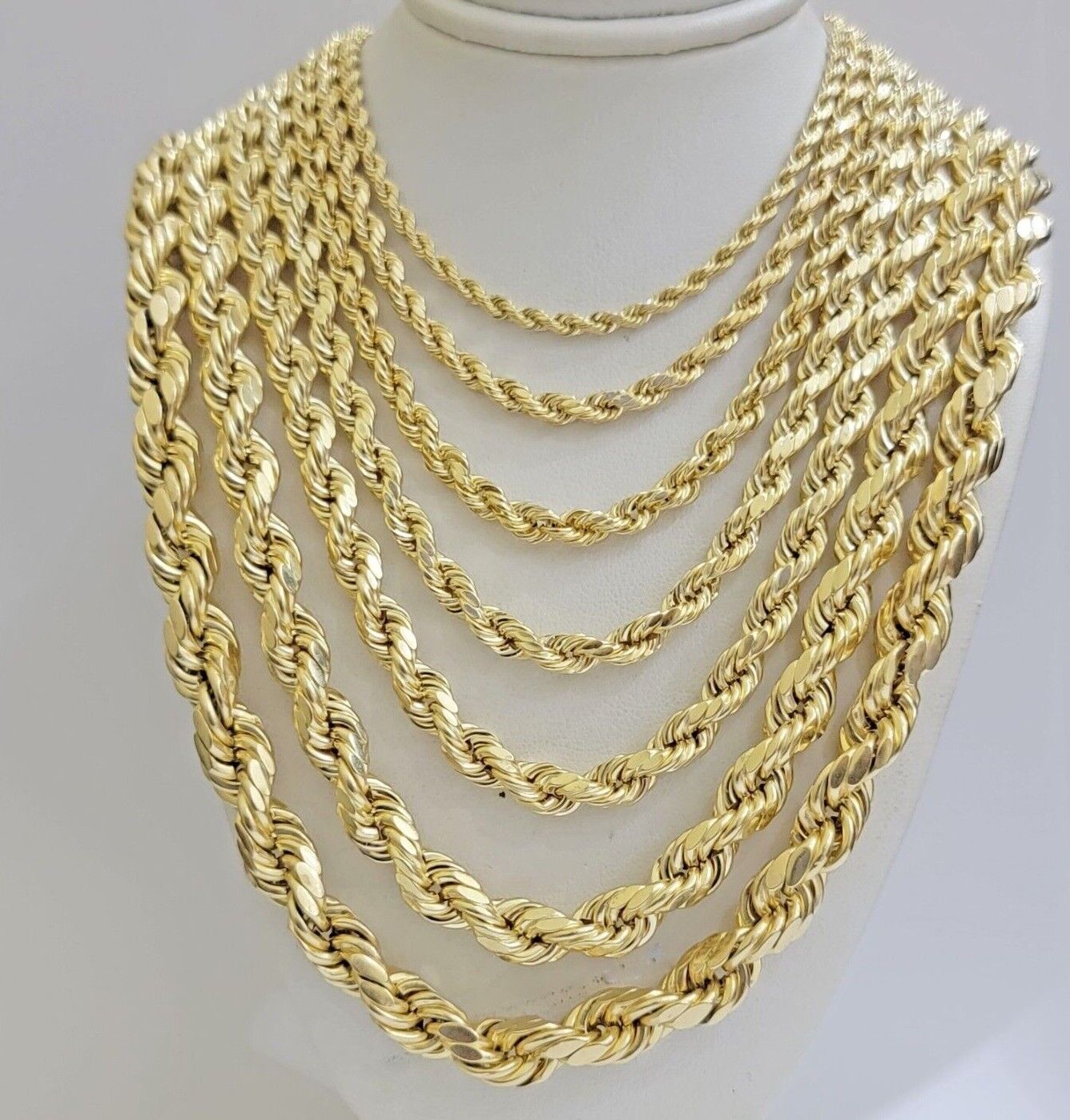 Real 10k Gold Rope Chain Necklace 18 - 30 Inch 3mm to 10mm Diamond Cut 10KT Yellow - GoldenlinQ
