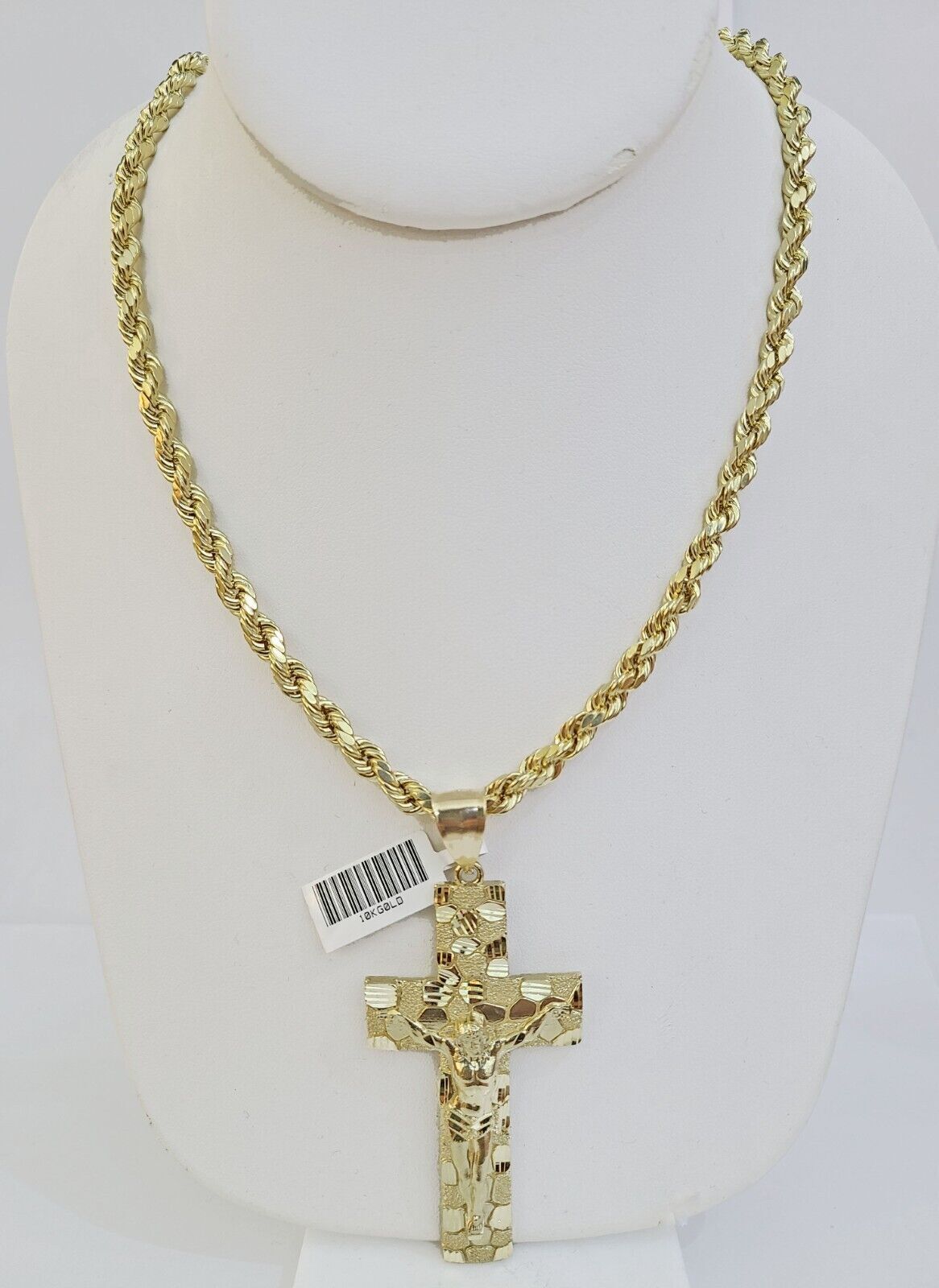 Real 10k Gold Rope Chain Necklace Jesus Cross Charm Pendant Set 20 - 28" inch 5mm - GoldenlinQ