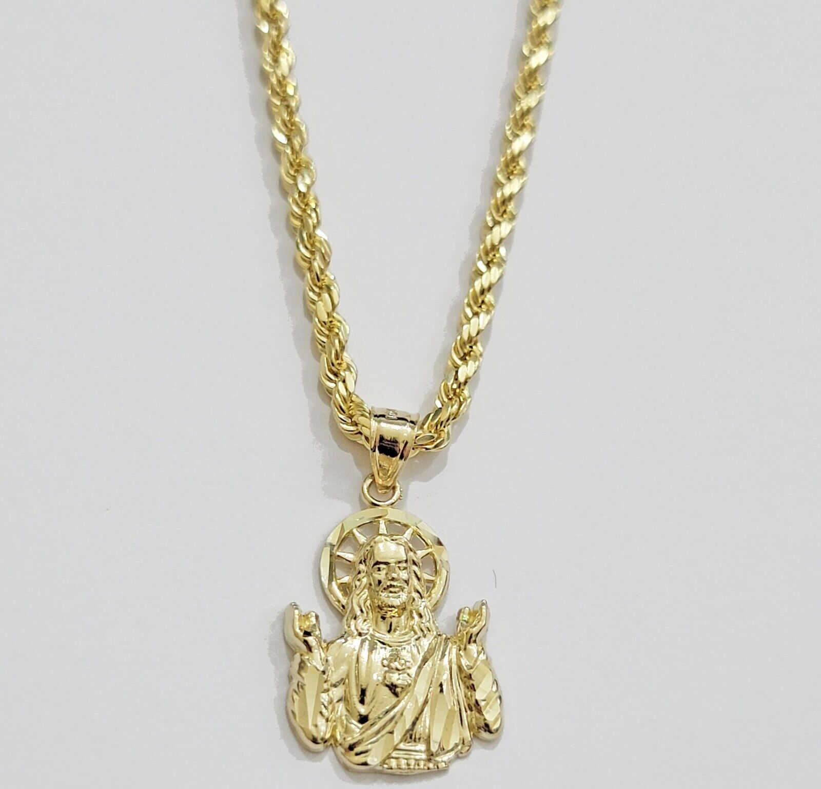 Real 10k gold Rope Chain pendant SET Choose Necklace Length 18 - 28" & Jesus Charm - GoldenlinQ