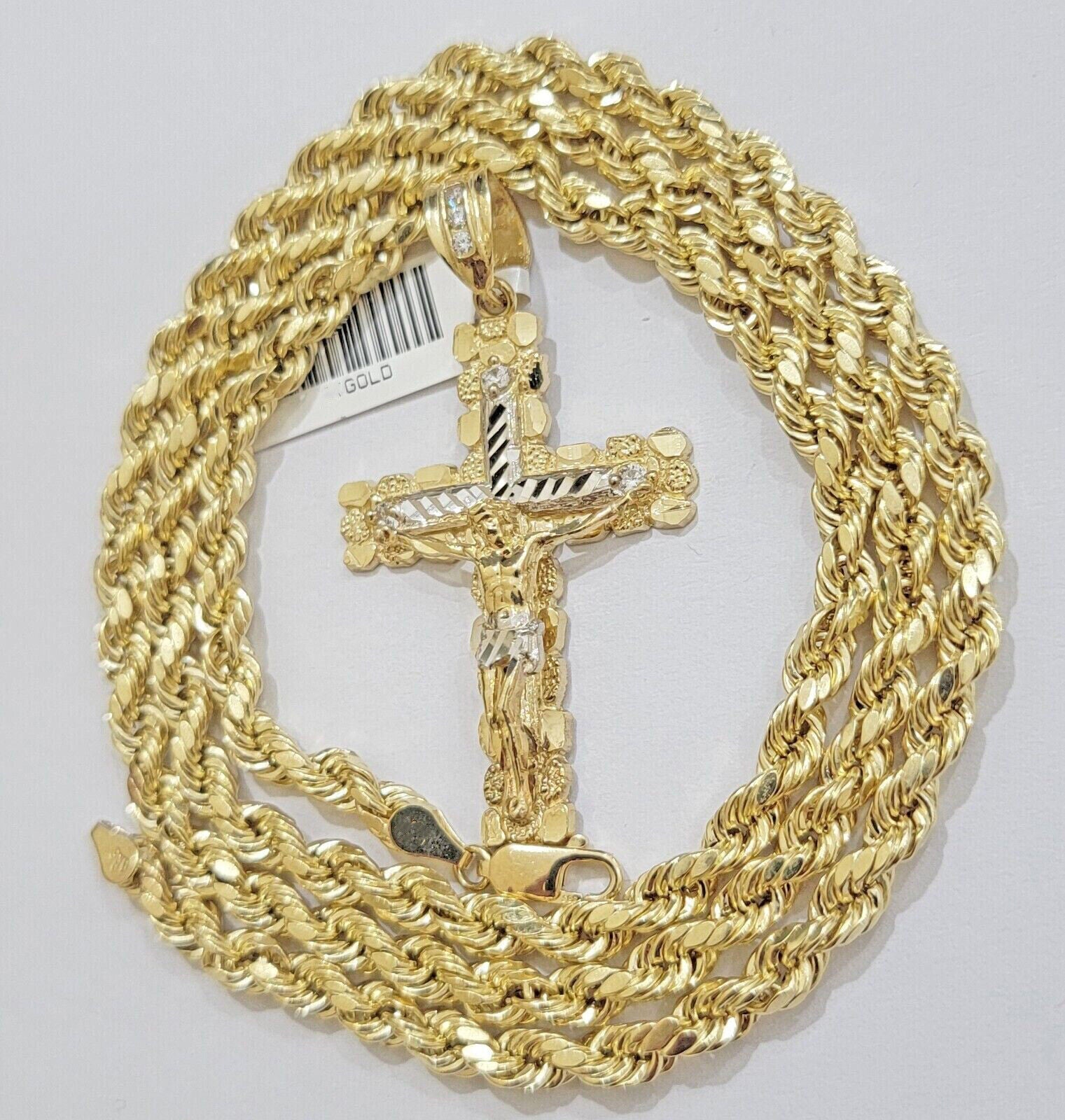 Real 10k Gold Rope Chain With Cross Charm Pendant Set 26 inch 4mm Necklace Men's - GoldenlinQ