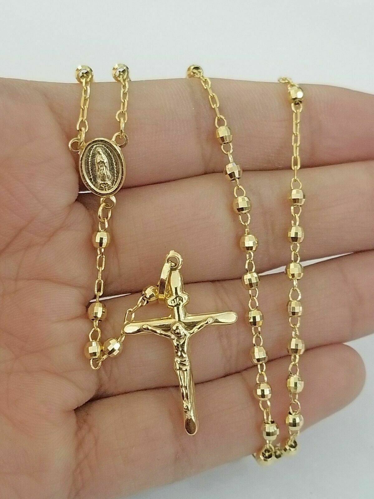 Real 10k Gold Rosary Necklace Ladies Chain 18" with 6" extension Yellow Gold ORO - GoldenlinQ