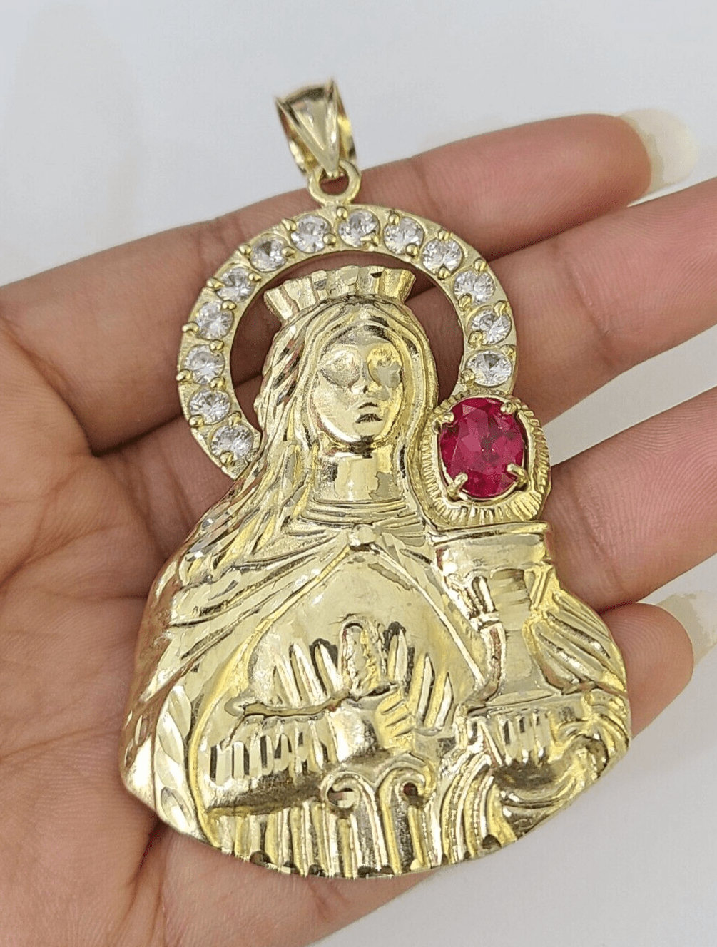 Real 10K Gold Saint Barbara Charm Diamond Cut 10kt yellow Gold Pendent 3" - GoldenlinQ