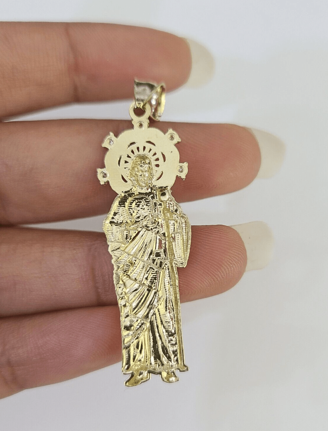 Real 10K Gold Saint Jude Charm Diamond Cut 10kt yellow Gold Pendent 2" - GoldenlinQ