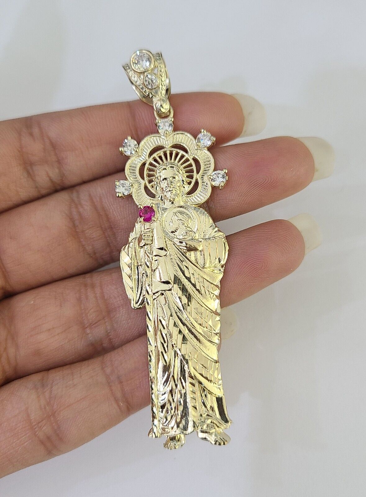 Real 10K Gold Saint Jude Charm Diamond Cut 10kt yellow Gold Pendent 3" - GoldenlinQ