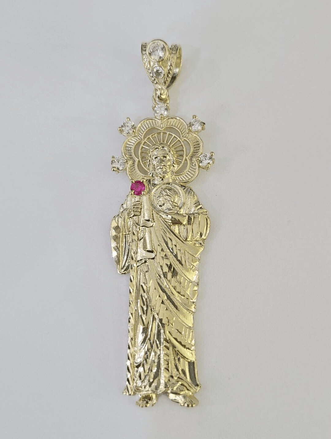 Real 10K Gold Saint Jude Charm Diamond Cut 10kt yellow Gold Pendent 3" - GoldenlinQ