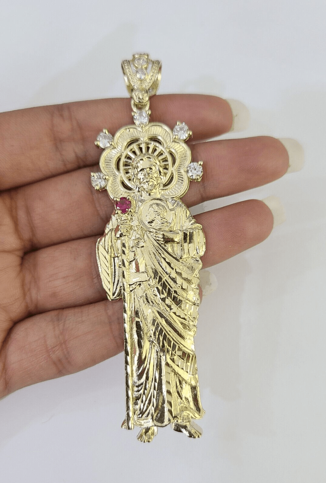 Real 10K Gold Saint Jude Charm Diamond Cut 10kt yellow Gold Pendent 3.5" - GoldenlinQ