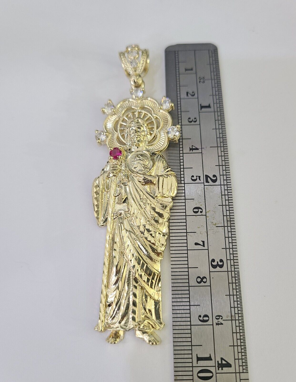 Real 10K Gold Saint Jude Charm Diamond Cut 10kt yellow Gold Pendent 3.5" - GoldenlinQ
