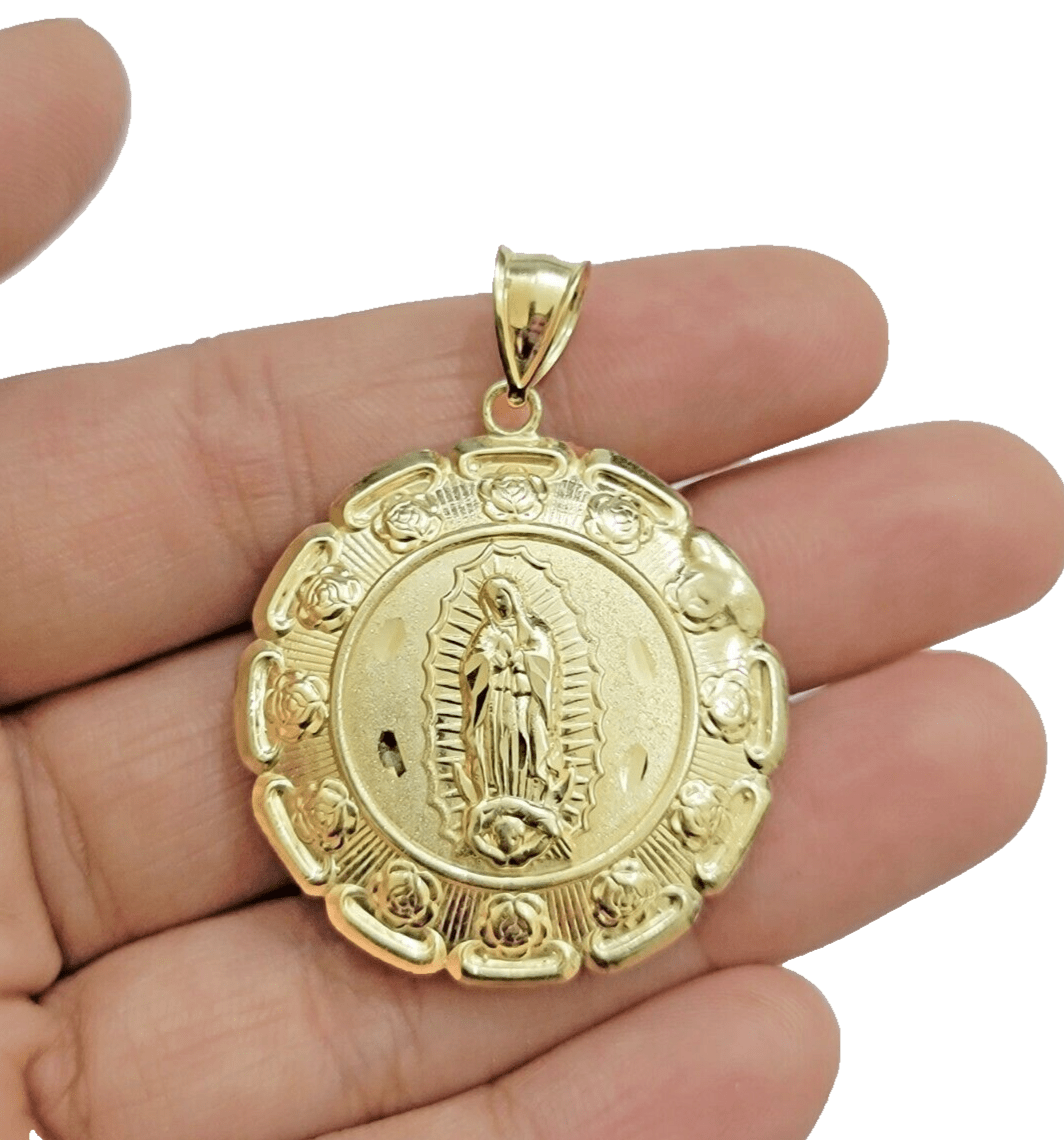 Real 10k Jesus Virgin Mary Charm Pendant Yellow Gold 1.8 Inch Chain Necklace New - GoldenlinQ
