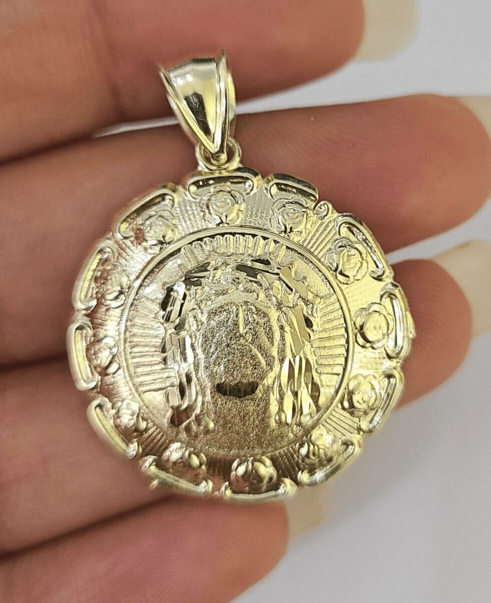 Real 10K Jesus Virgin Mary Pendent Charm 10kt yellow Gold 1.5" Guadalupe - GoldenlinQ