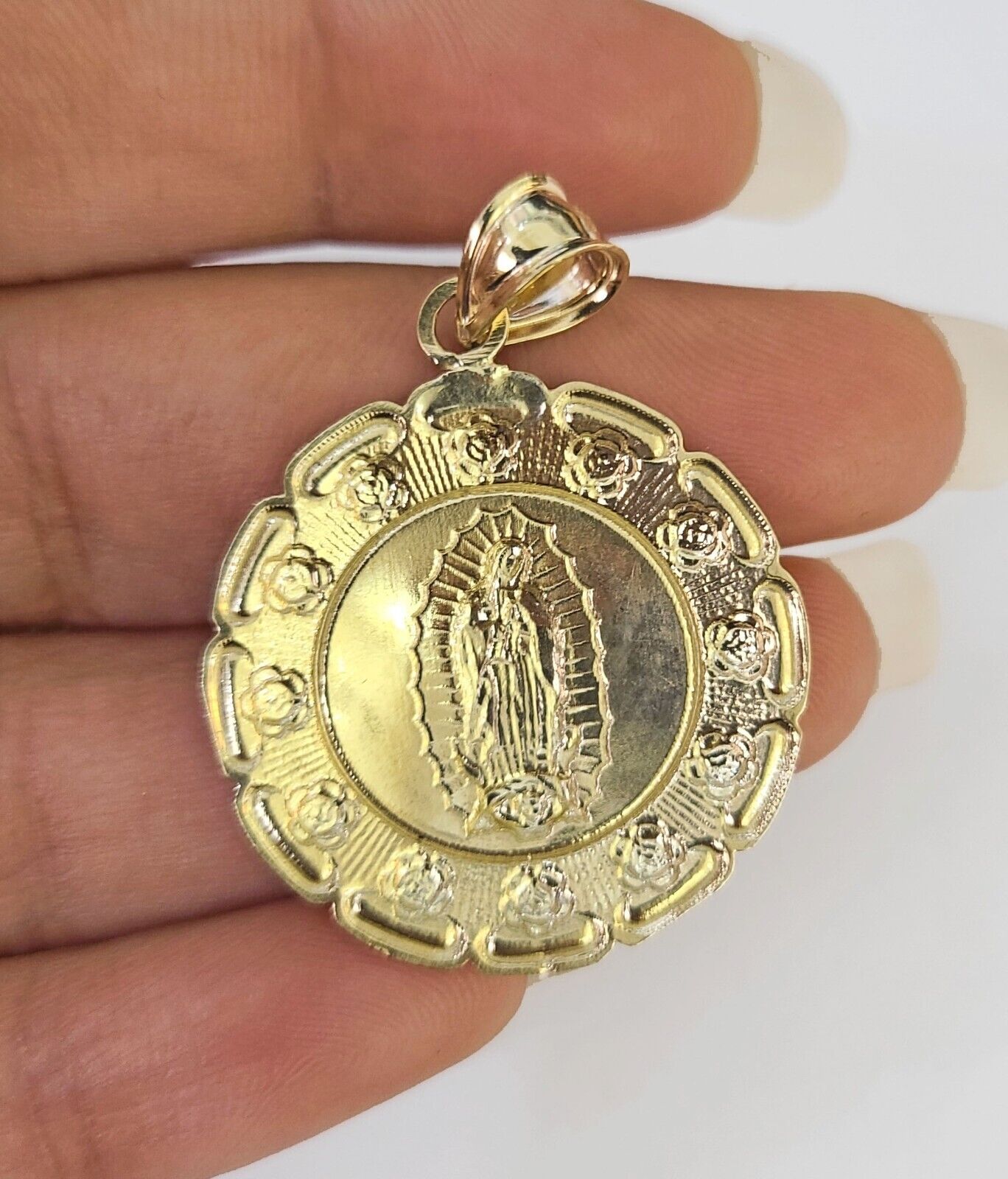 Real 10K Jesus Virgin Mary Pendent Charm 10kt yellow Gold Guadalupe - GoldenlinQ