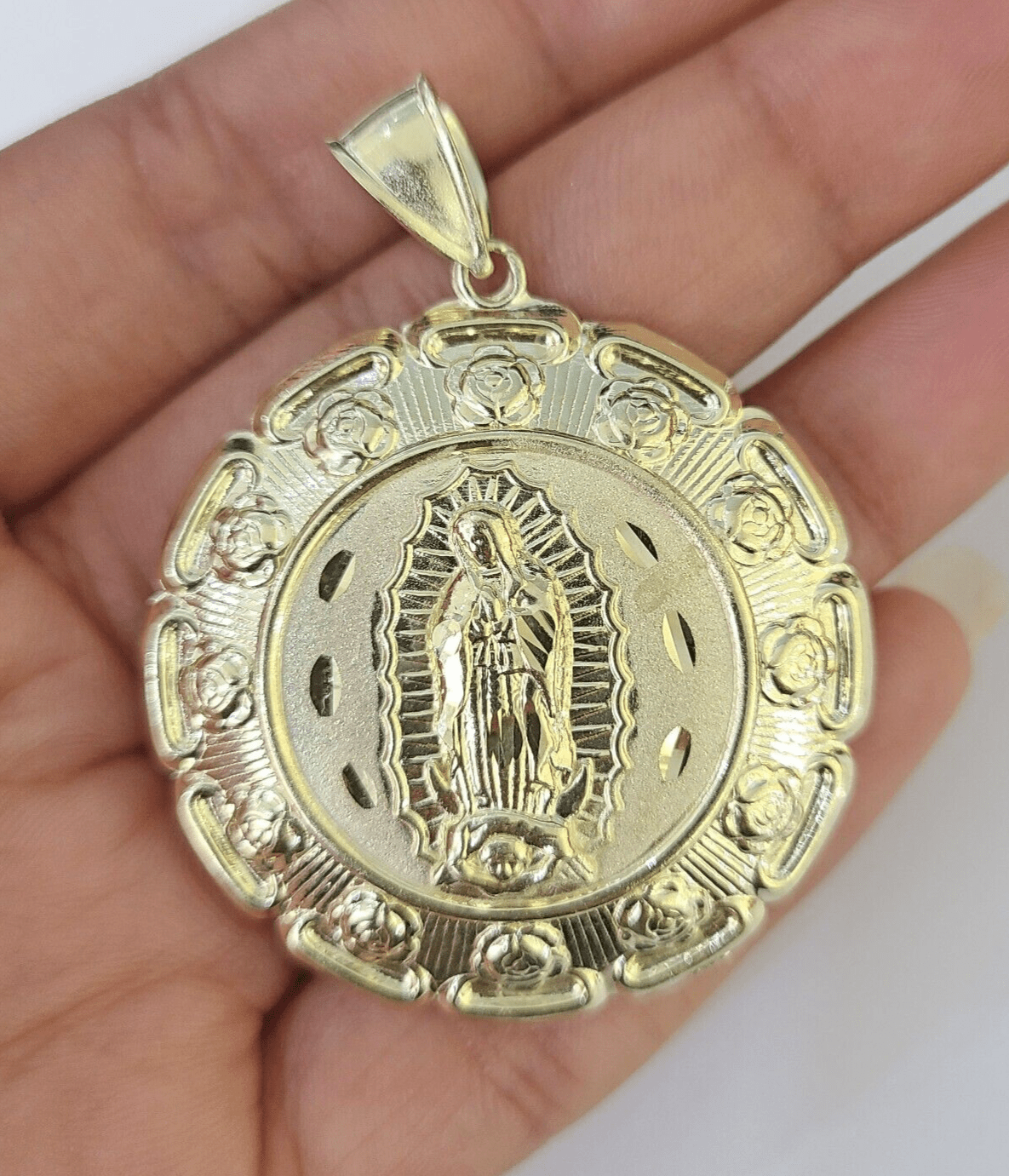 Real 10K Jesus Virgin Mary Pendent Charm Two Sided 10kt yellow Gold 2" Guadalupe - GoldenlinQ