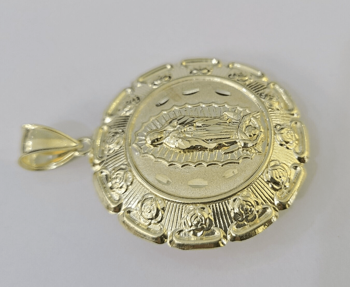 Real 10K Jesus Virgin Mary Pendent Charm Two Sided 10kt yellow Gold 2" Guadalupe - GoldenlinQ