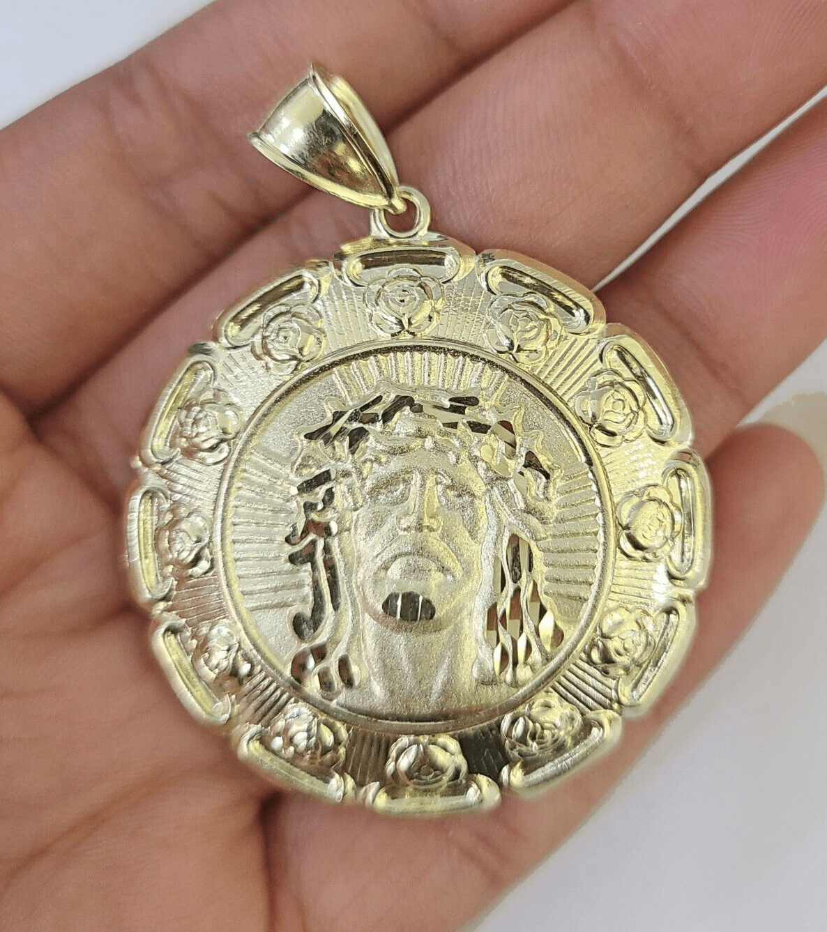 Real 10K Jesus Virgin Mary Pendent Charm Two Sided 10kt yellow Gold 2" Guadalupe - GoldenlinQ