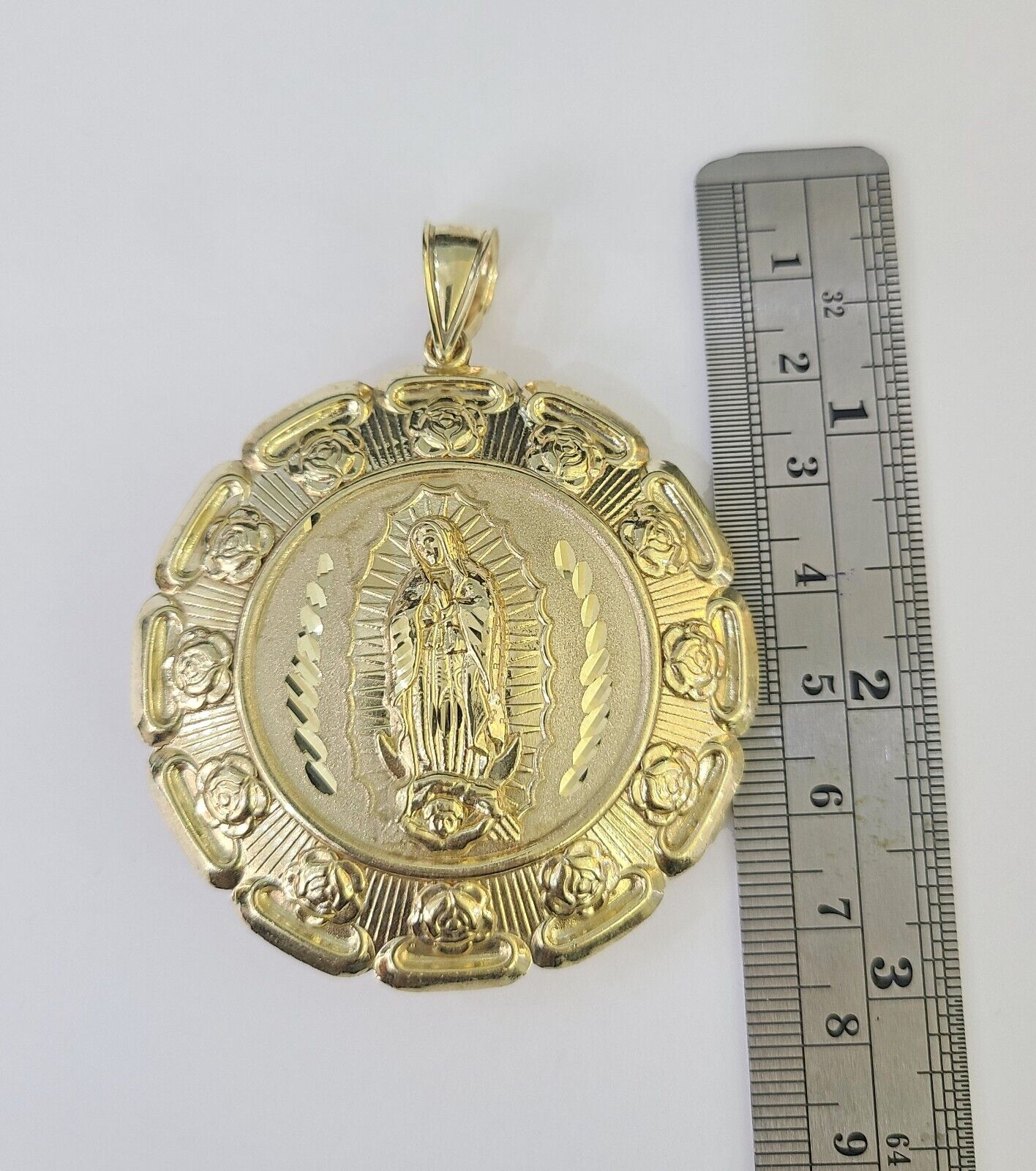 Real 10K Jesus Virgin Mary Pendent Charm Two Sided 10kt yellow Gold 3" Guadalupe - GoldenlinQ