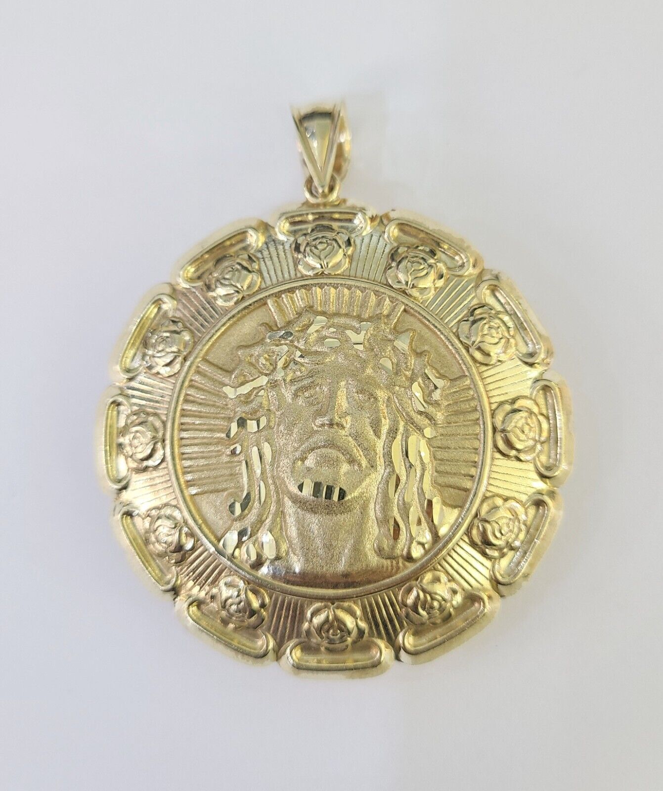 Real 10K Jesus Virgin Mary Pendent Charm Two Sided 10kt yellow Gold 3" Guadalupe - GoldenlinQ