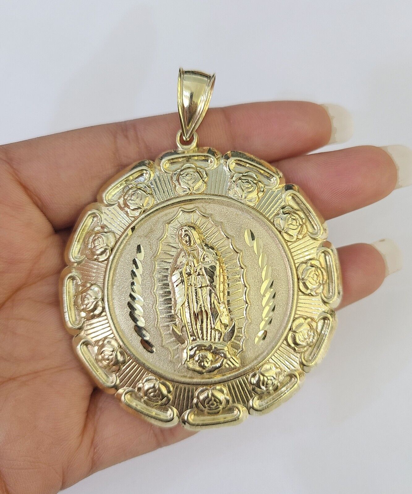 Real 10K Jesus Virgin Mary Pendent Charm Two Sided 10kt yellow Gold 3" Guadalupe - GoldenlinQ