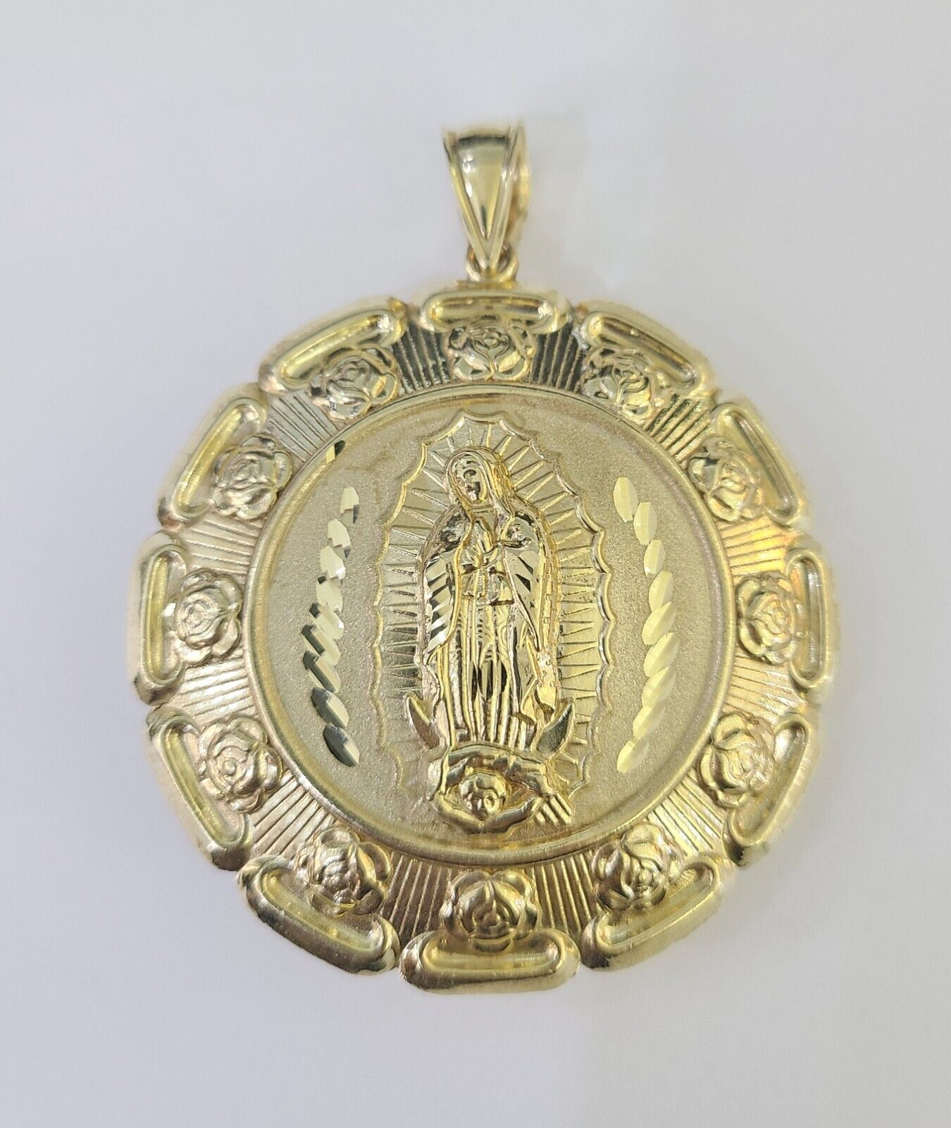 Real 10K Jesus Virgin Mary Pendent Charm Two Sided 10kt yellow Gold 3" Guadalupe - GoldenlinQ