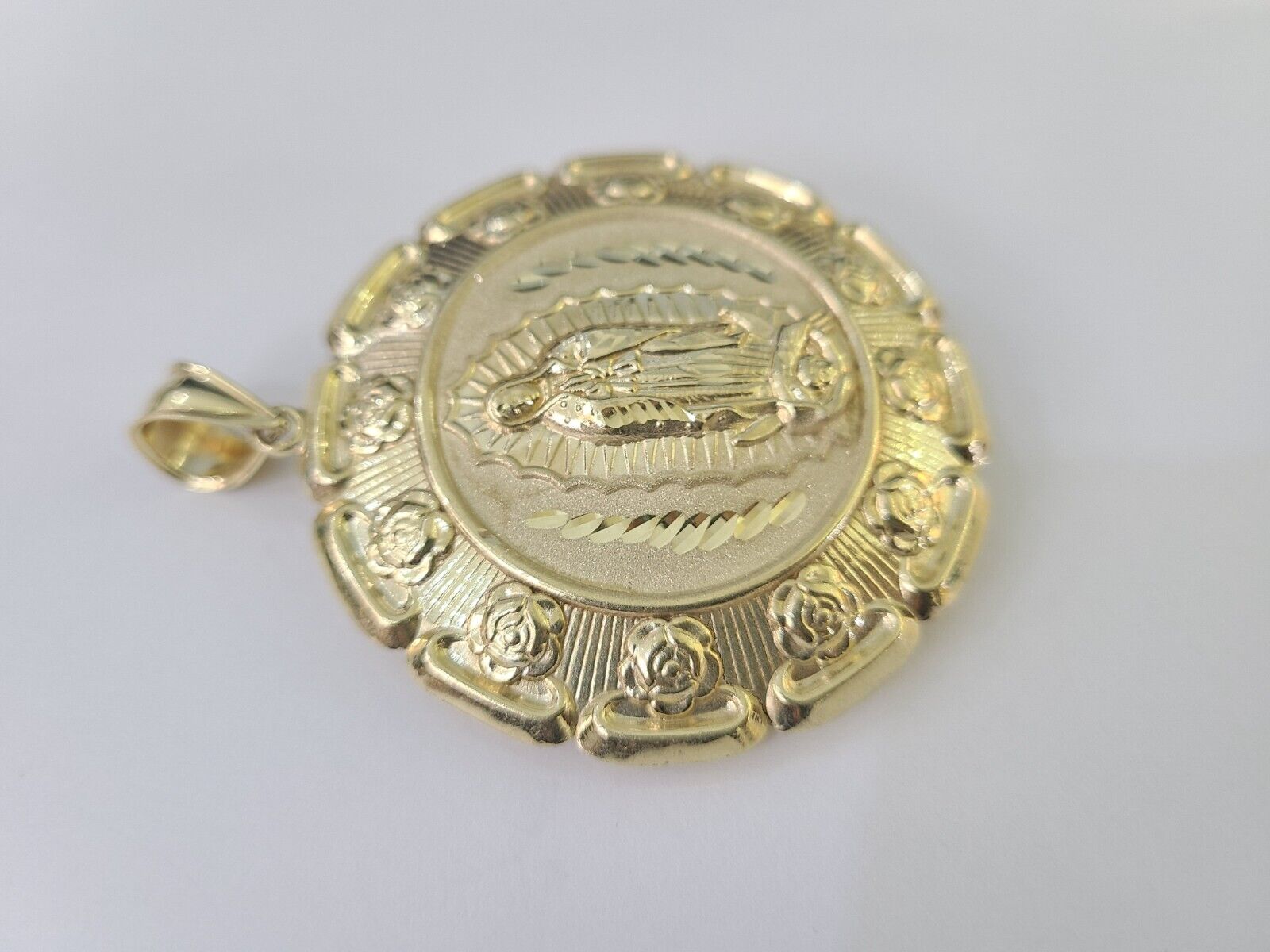 Real 10K Jesus Virgin Mary Pendent Charm Two Sided 10kt yellow Gold 3" Guadalupe - GoldenlinQ