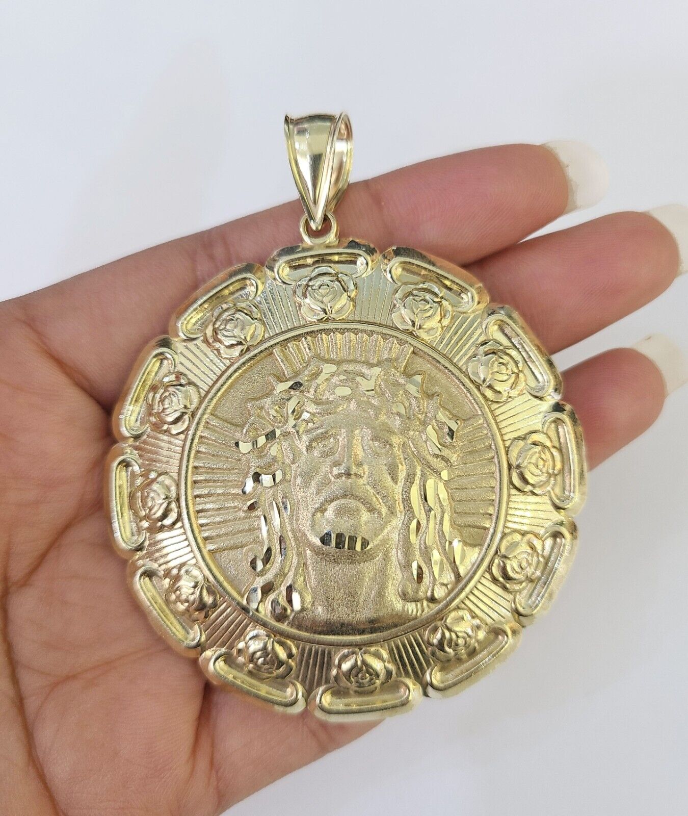 Real 10K Jesus Virgin Mary Pendent Charm Two Sided 10kt yellow Gold 3" Guadalupe - GoldenlinQ