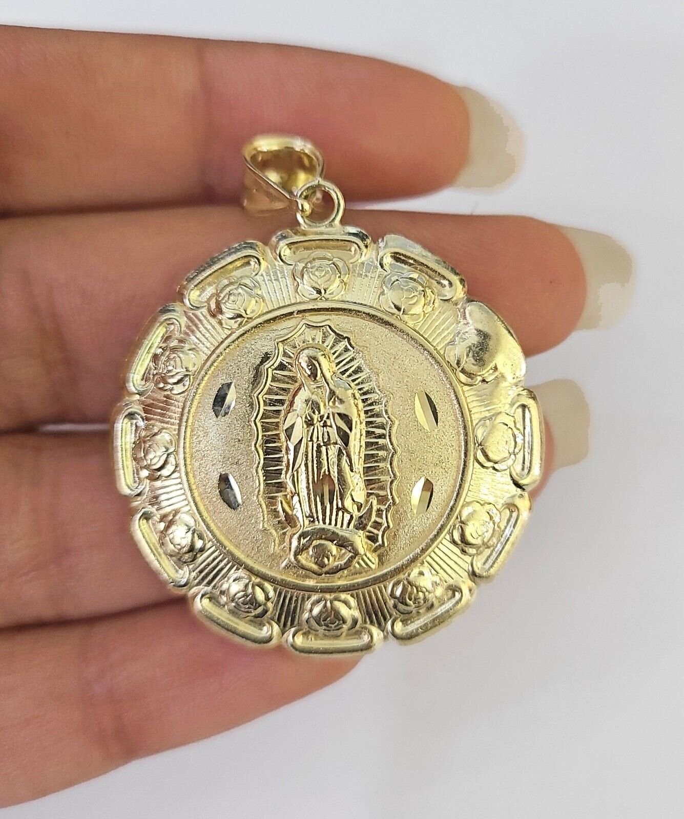Real 10K Jesus Virgin Mary Pendent Charm Two Sided yellow Gold 1.5" Guadalupe - GoldenlinQ
