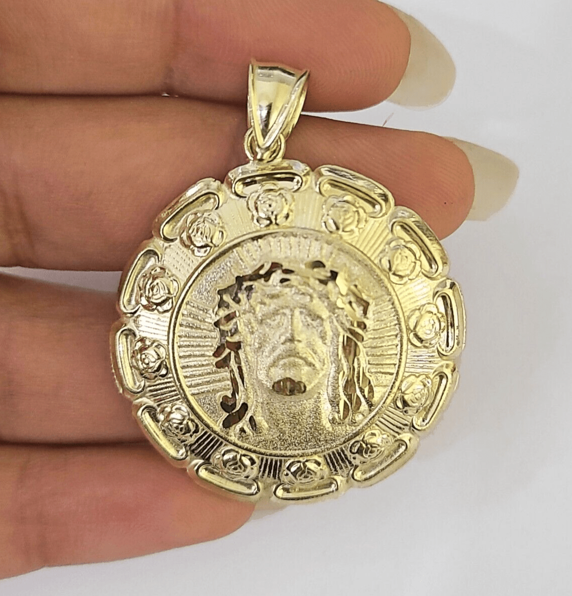 Real 10K Jesus Virgin Mary Pendent Charm Two Sided yellow Gold 1.5" Guadalupe - GoldenlinQ