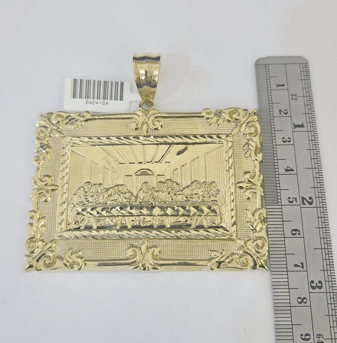 Real 10k Last Supper Pendant Charm Yellow Gold 3" Diamond Cut Genuine - GoldenlinQ