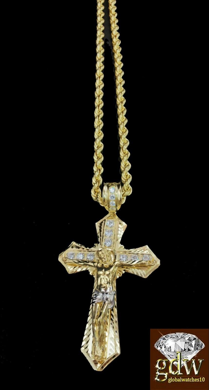 Real 10k Mens Yellow Gold Jesus Cross Charm/Pendant with 28 Inch long Rope Chain - GoldenlinQ