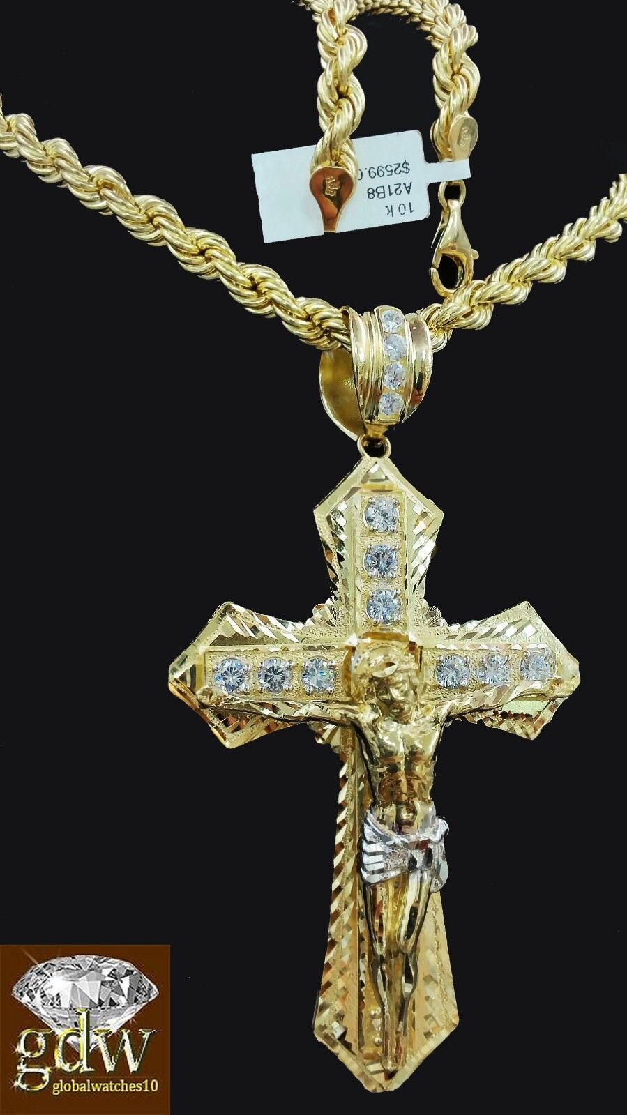 Real 10k Mens Yellow Gold Jesus Cross Charm/Pendant with 28 Inch long Rope Chain - GoldenlinQ