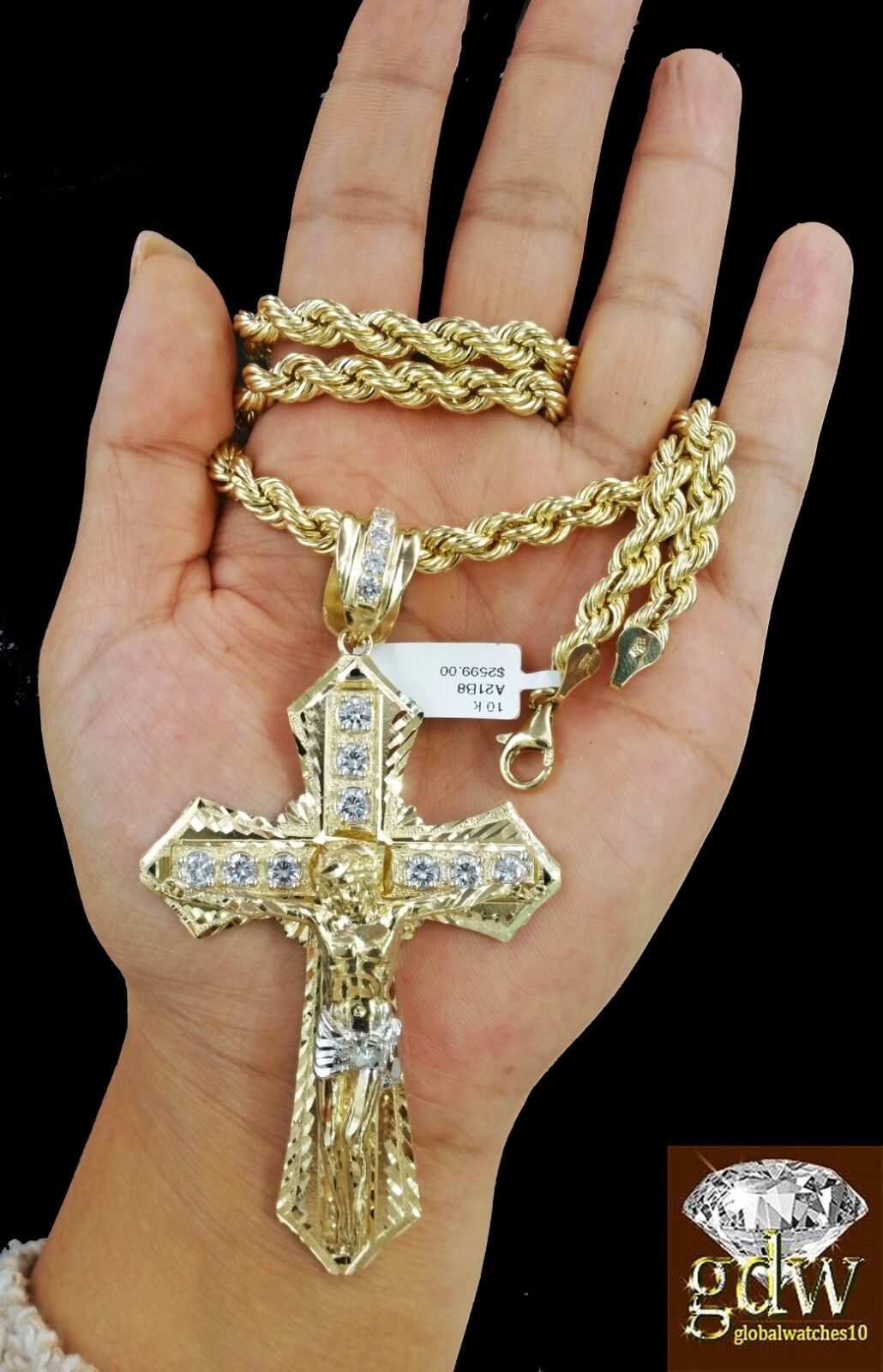 Real 10k Mens Yellow Gold Jesus Cross Charm/Pendant with 28 Inch long Rope Chain - GoldenlinQ