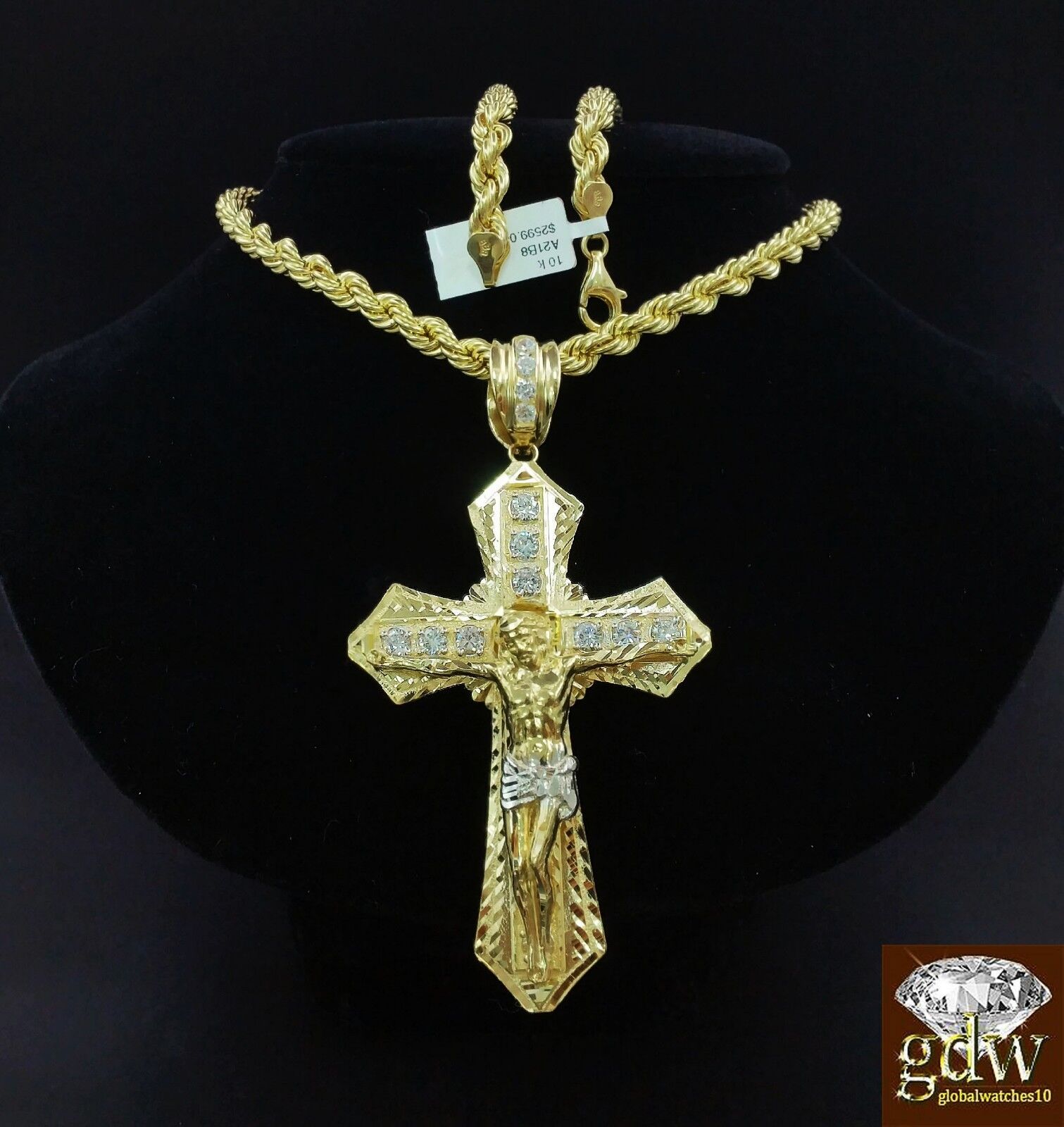Real 10k Mens Yellow Gold Jesus Cross Charm/Pendant with 28 Inch long Rope Chain - GoldenlinQ