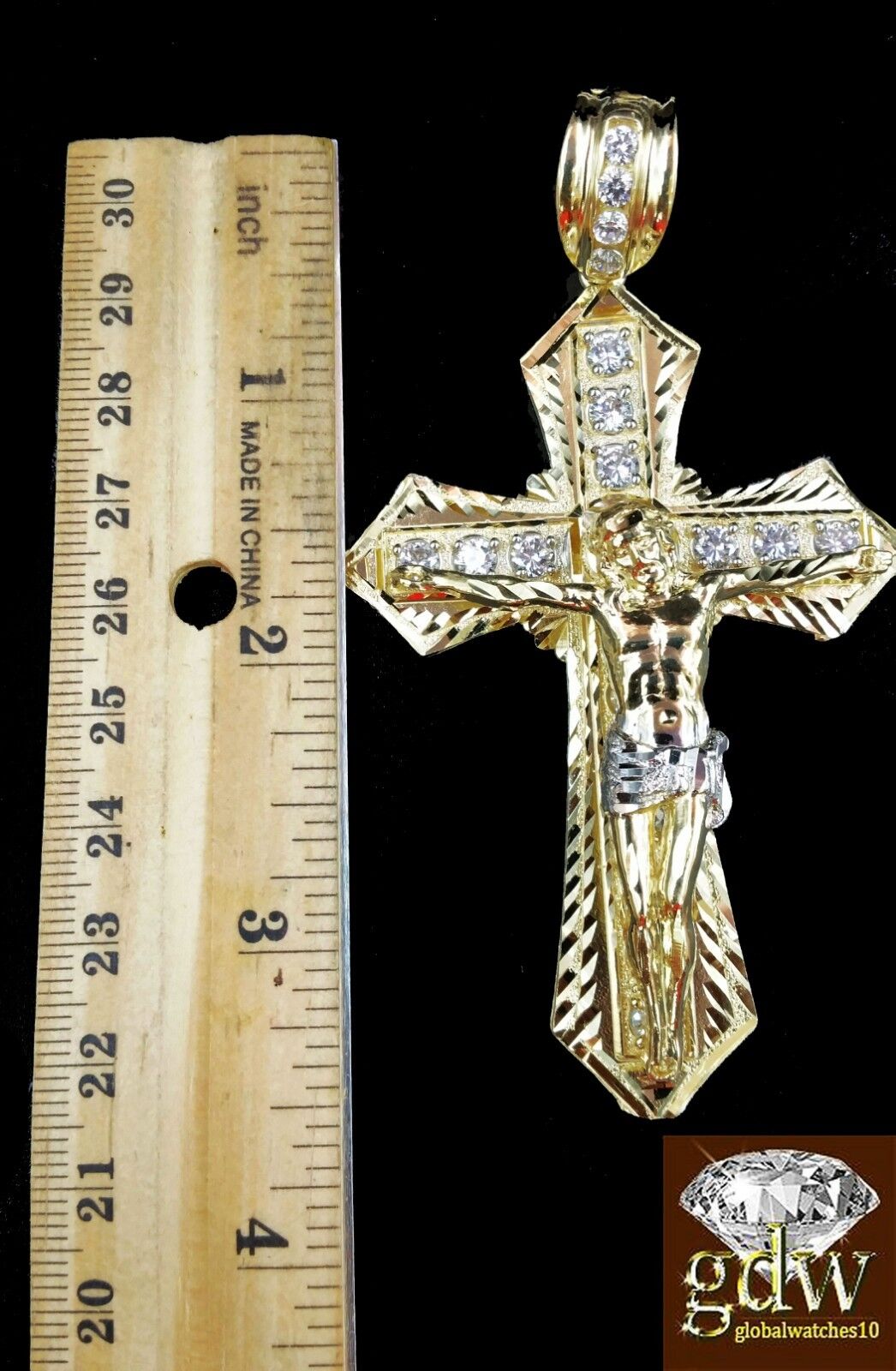 Real 10k Mens Yellow Gold Jesus Cross Charm/Pendant with 28 Inch long Rope Chain - GoldenlinQ