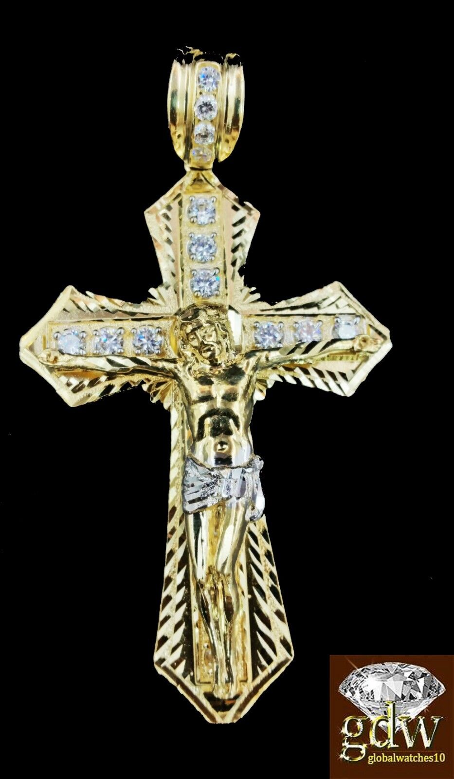 Real 10k Mens Yellow Gold Jesus Cross Charm/Pendant with 28 Inch long Rope Chain - GoldenlinQ