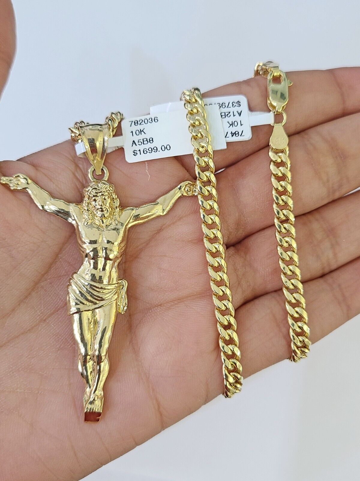 Real 10k Miami Cuban Chain Jesus Charm Set 4mm Yellow Gold Necklace Pendant - GoldenlinQ