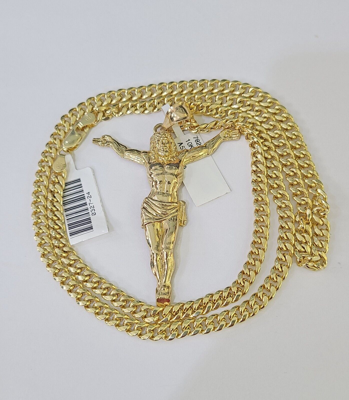 Real 10k Miami Cuban Chain Jesus Charm Set 4mm Yellow Gold Necklace Pendant - GoldenlinQ