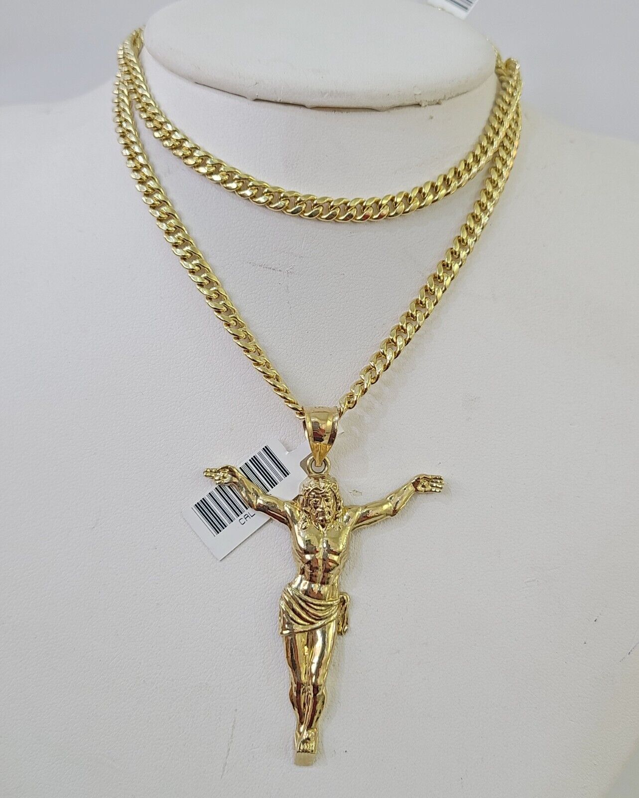 Real 10k Miami Cuban Chain Jesus Charm Set 4mm Yellow Gold Necklace Pendant - GoldenlinQ