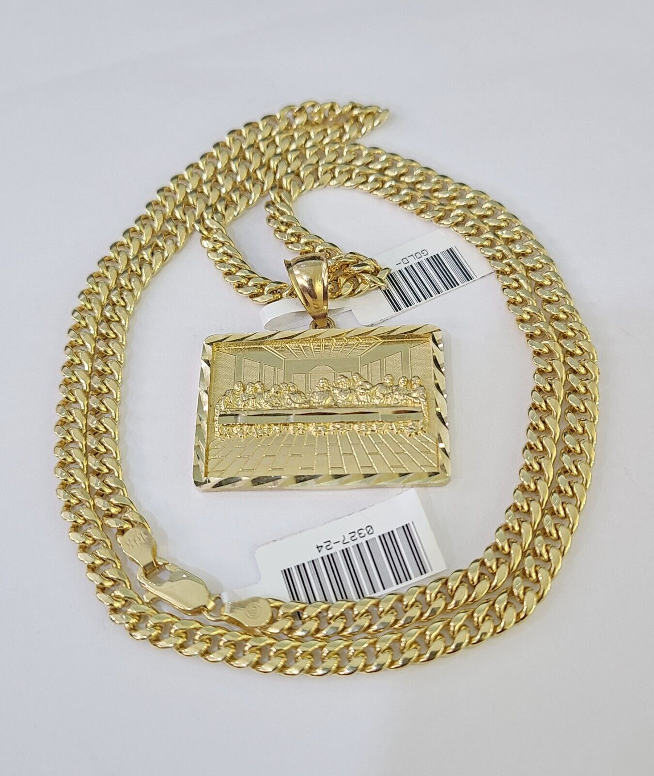 Real 10k Miami Cuban Chain Last Supper Charm Set 4mm Yellow Gold Necklace - GoldenlinQ