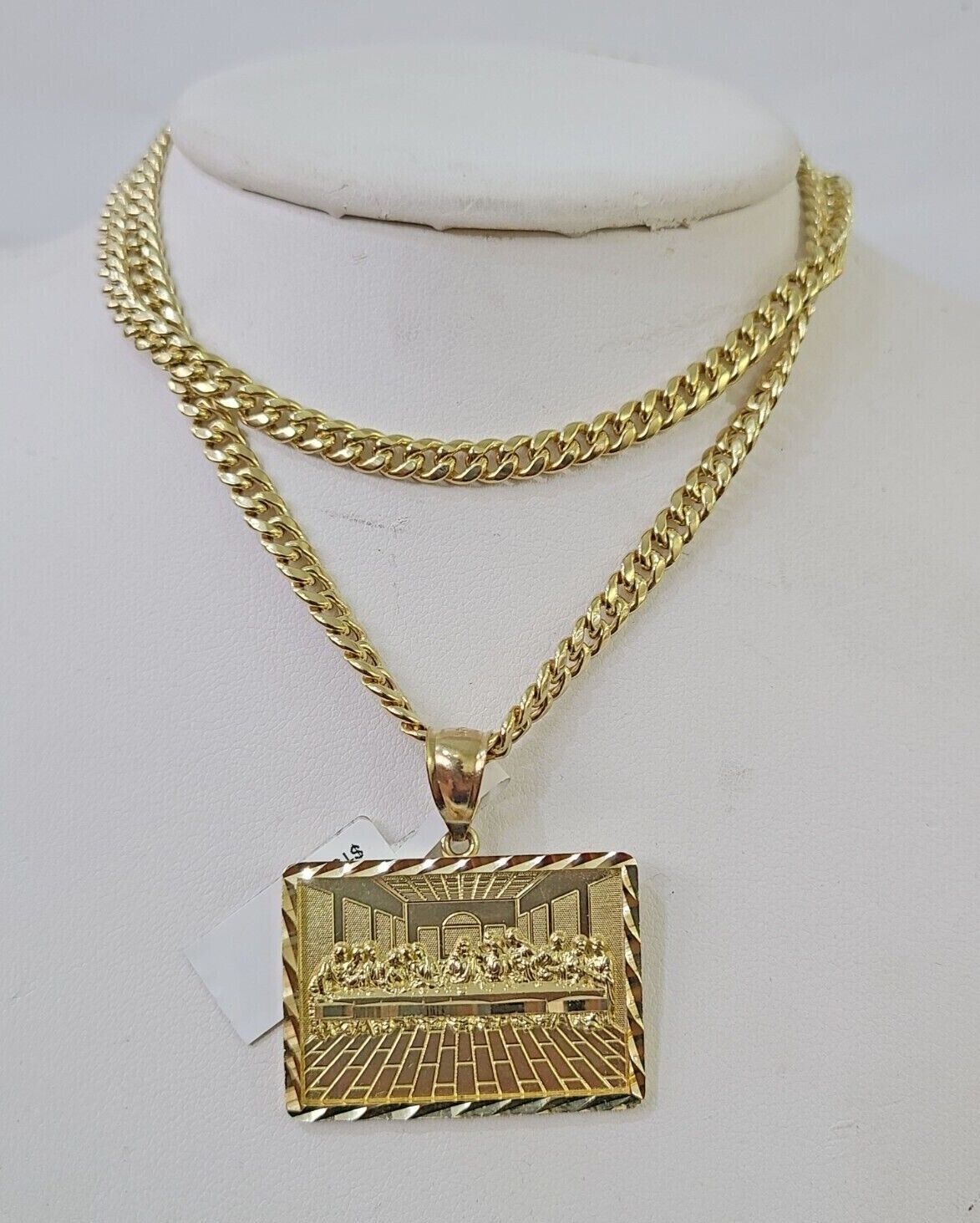 Real 10k Miami Cuban Chain Last Supper Charm Set 4mm Yellow Gold Necklace - GoldenlinQ