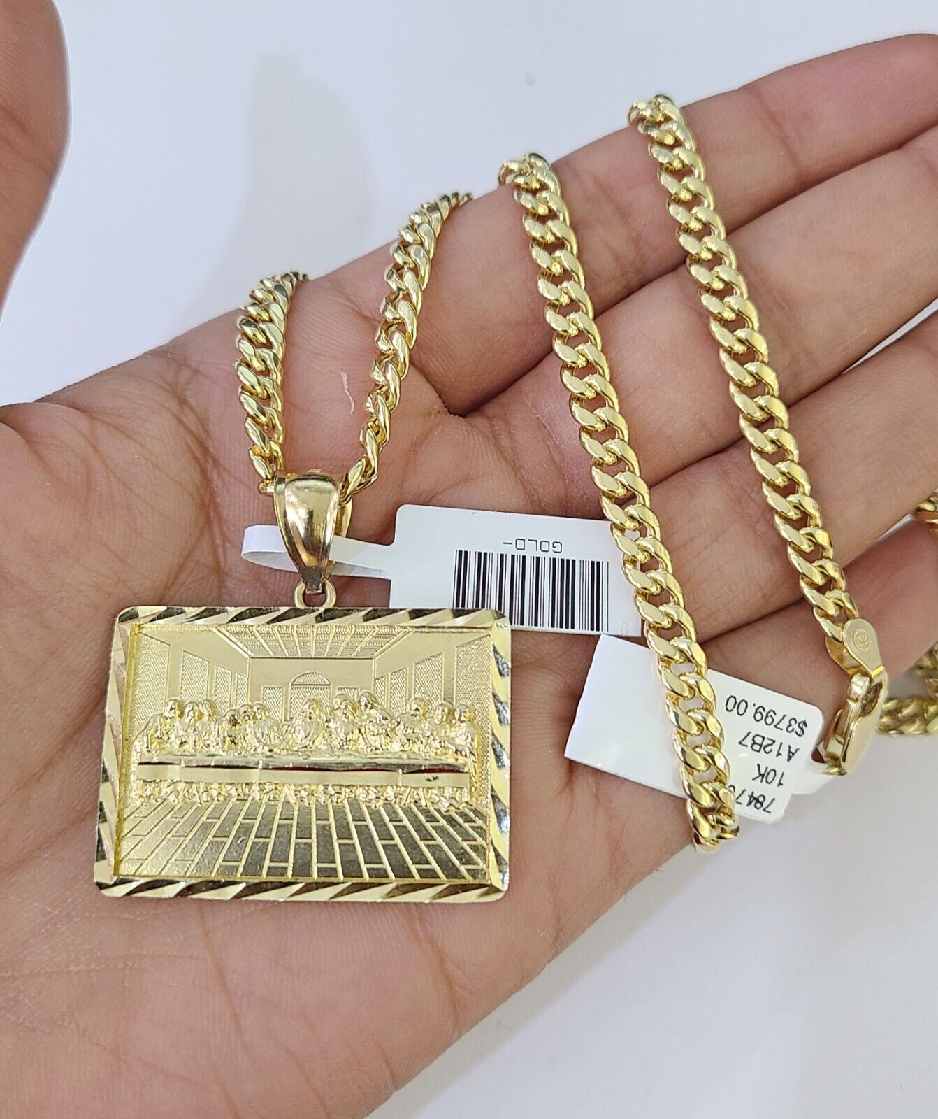 Real 10k Miami Cuban Chain Last Supper Charm Set 4mm Yellow Gold Necklace - GoldenlinQ