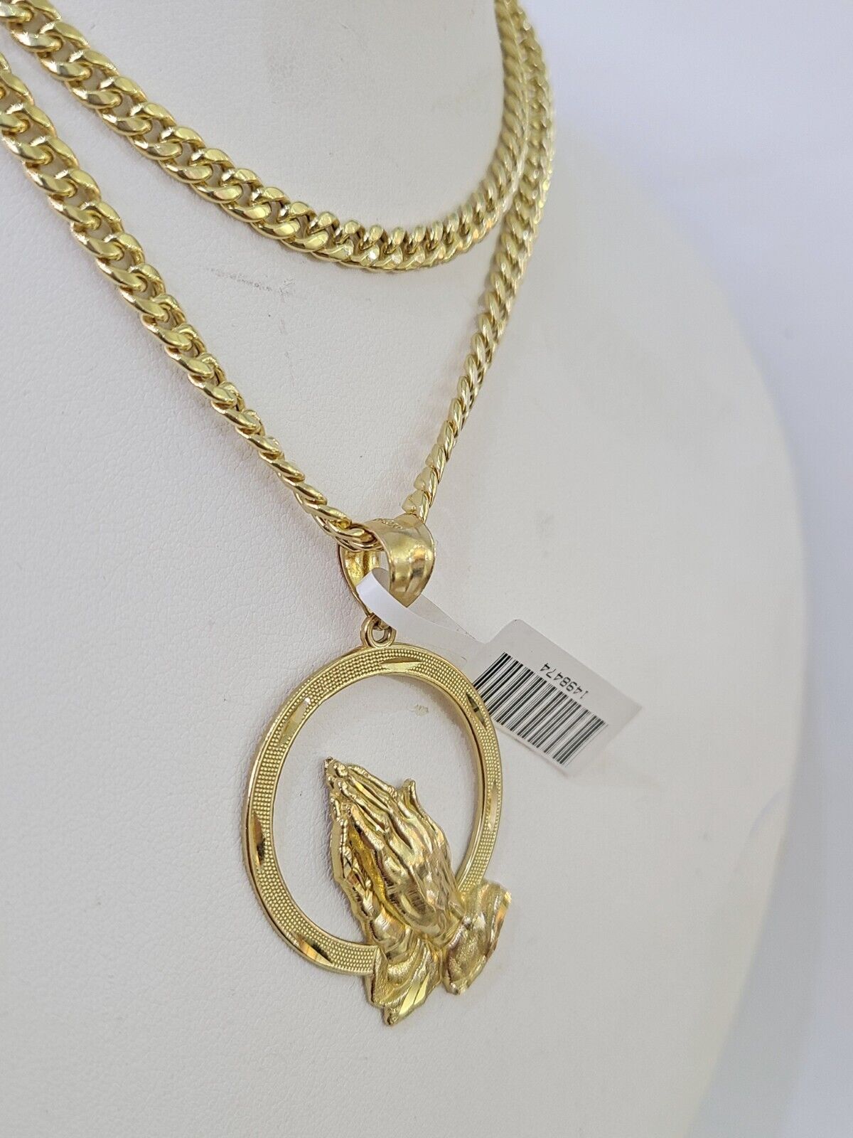 Real 10k Miami Cuban Chain Praying Hands Charm Set 4mm Yellow Gold Necklace - GoldenlinQ
