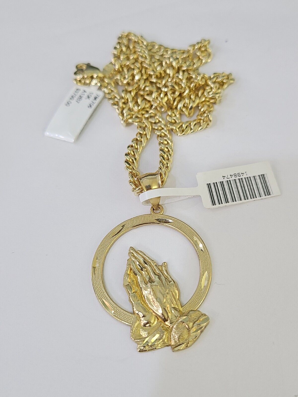 Real 10k Miami Cuban Chain Praying Hands Charm Set 4mm Yellow Gold Necklace - GoldenlinQ