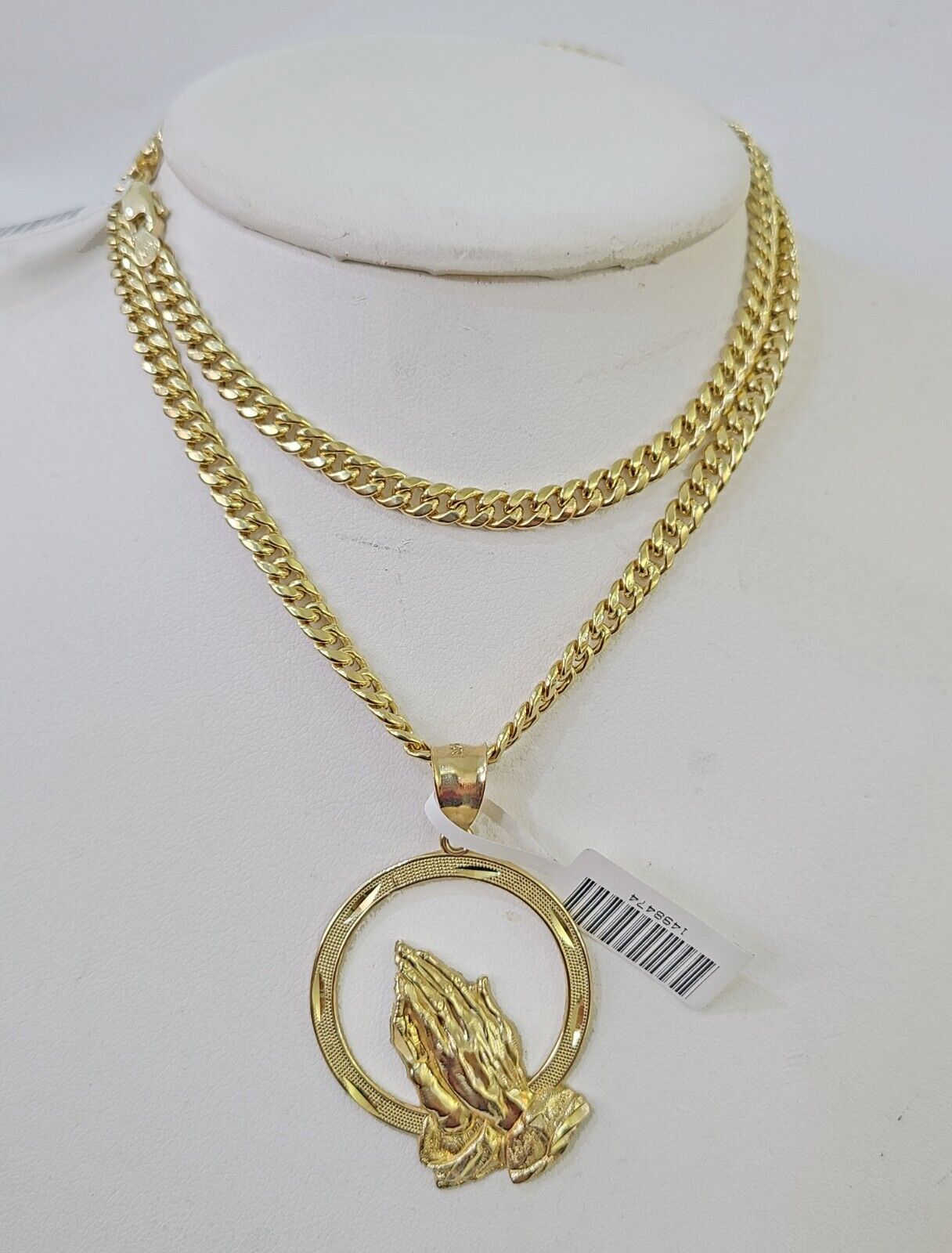 Real 10k Miami Cuban Chain Praying Hands Charm Set 4mm Yellow Gold Necklace - GoldenlinQ