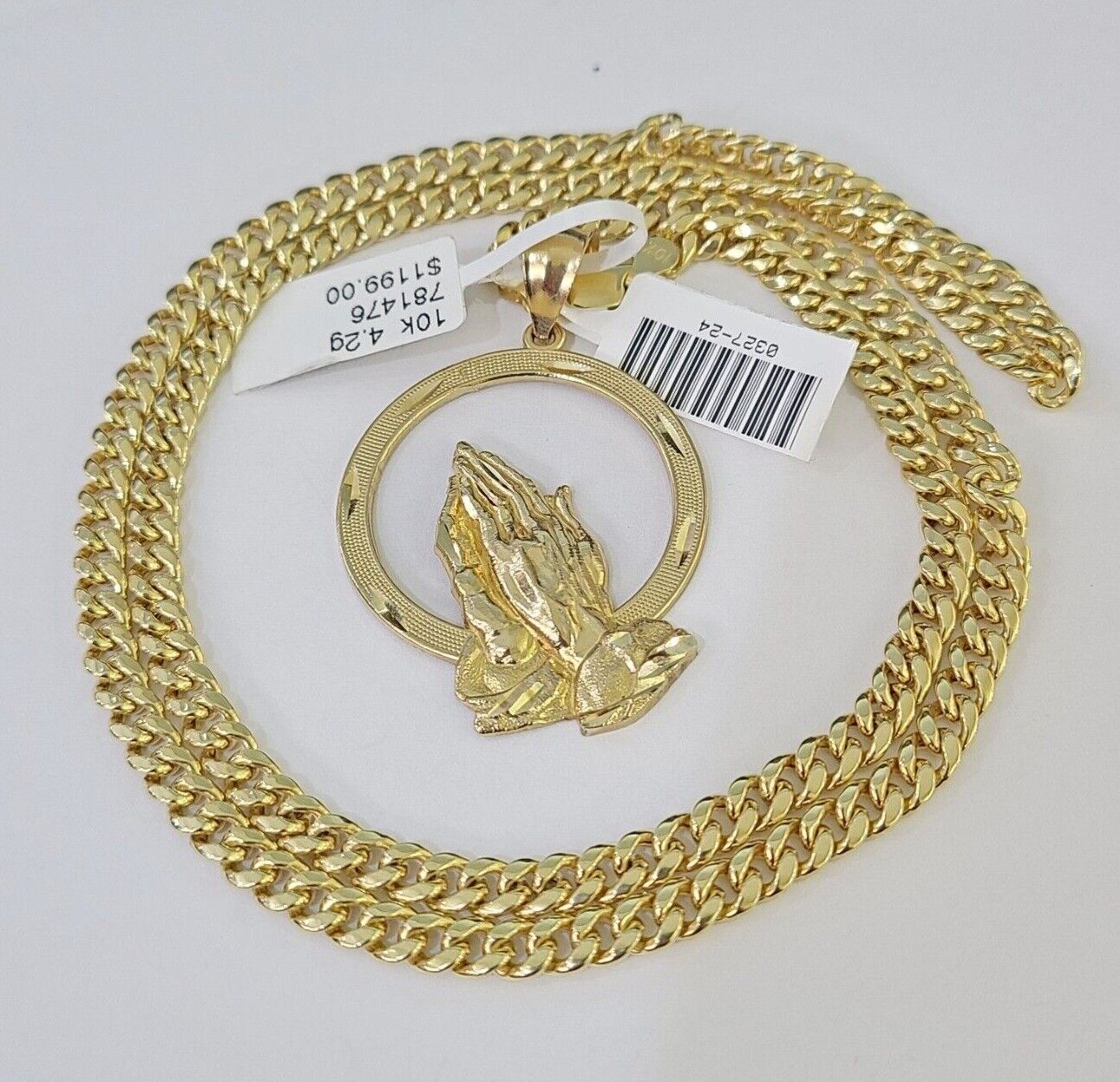 Real 10k Miami Cuban Chain Praying Hands Charm Set 4mm Yellow Gold Necklace - GoldenlinQ